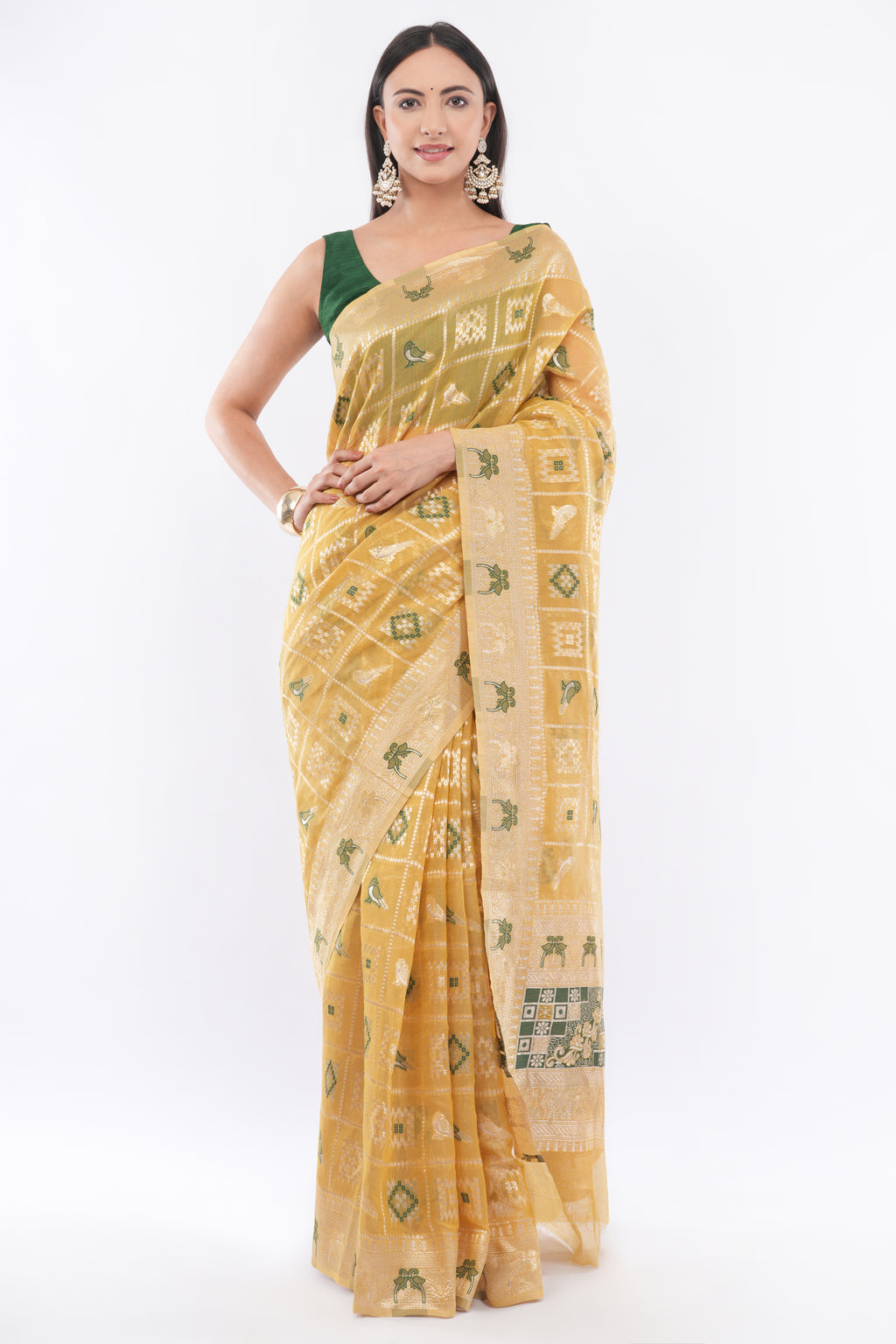 Tulip Handloom Mustard Yellow Kora Silk Saree with Zari Checks & Green Meenakari