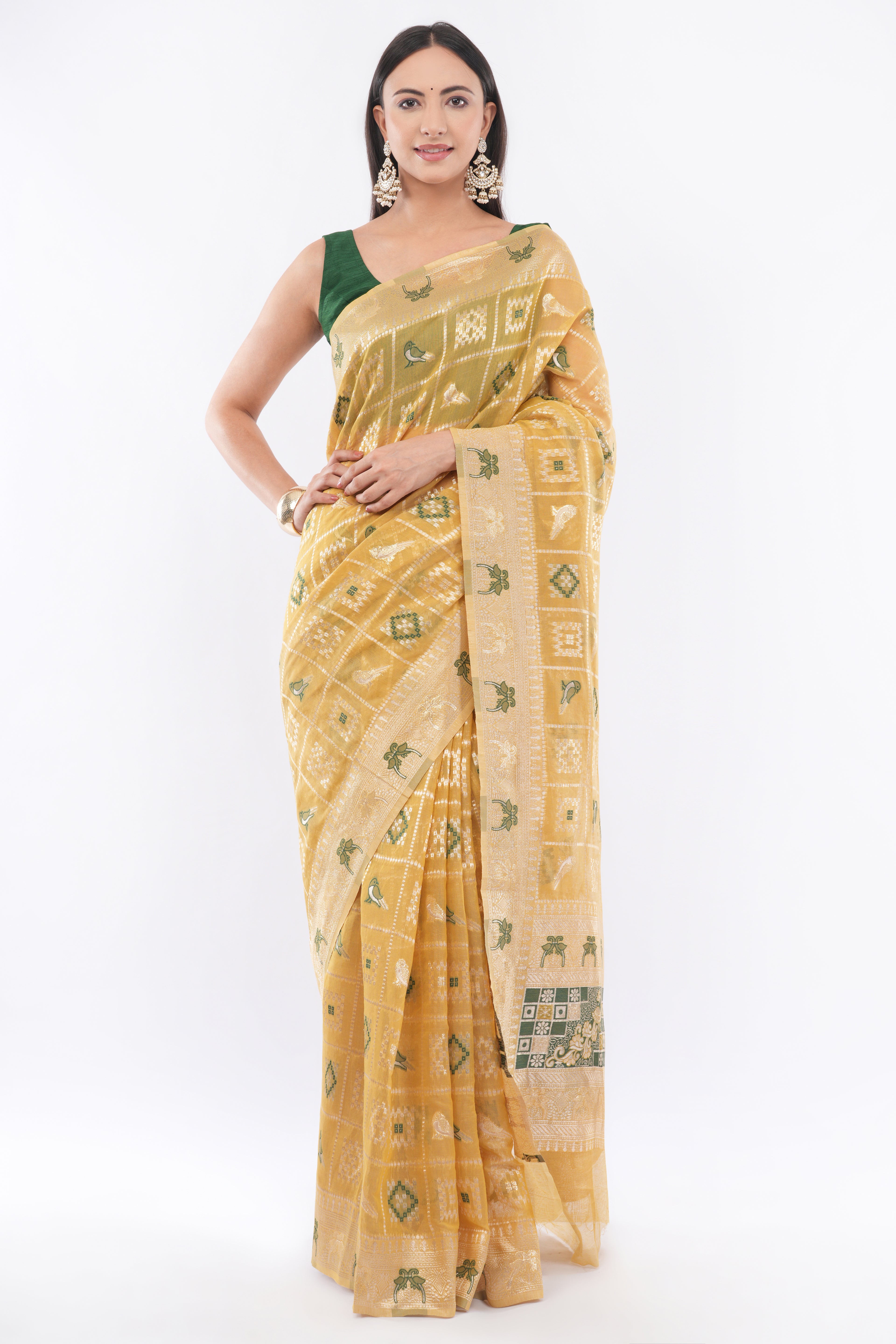 Tulip Handloom Mustard Yellow Kora Silk Saree with Zari Checks & Green Meenakari