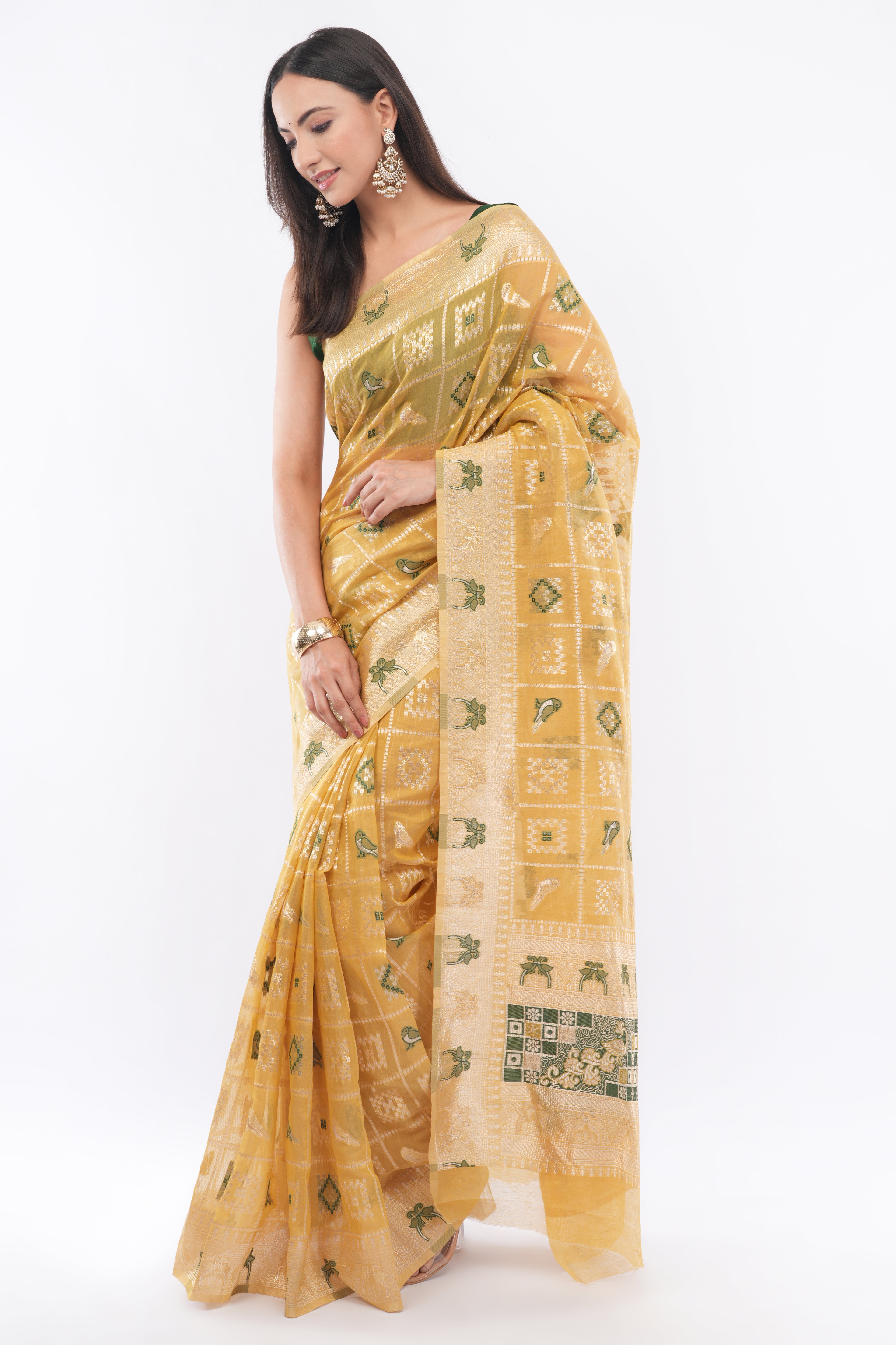Tulip Handloom Mustard Yellow Kora Silk Saree with Zari Checks & Green Meenakari