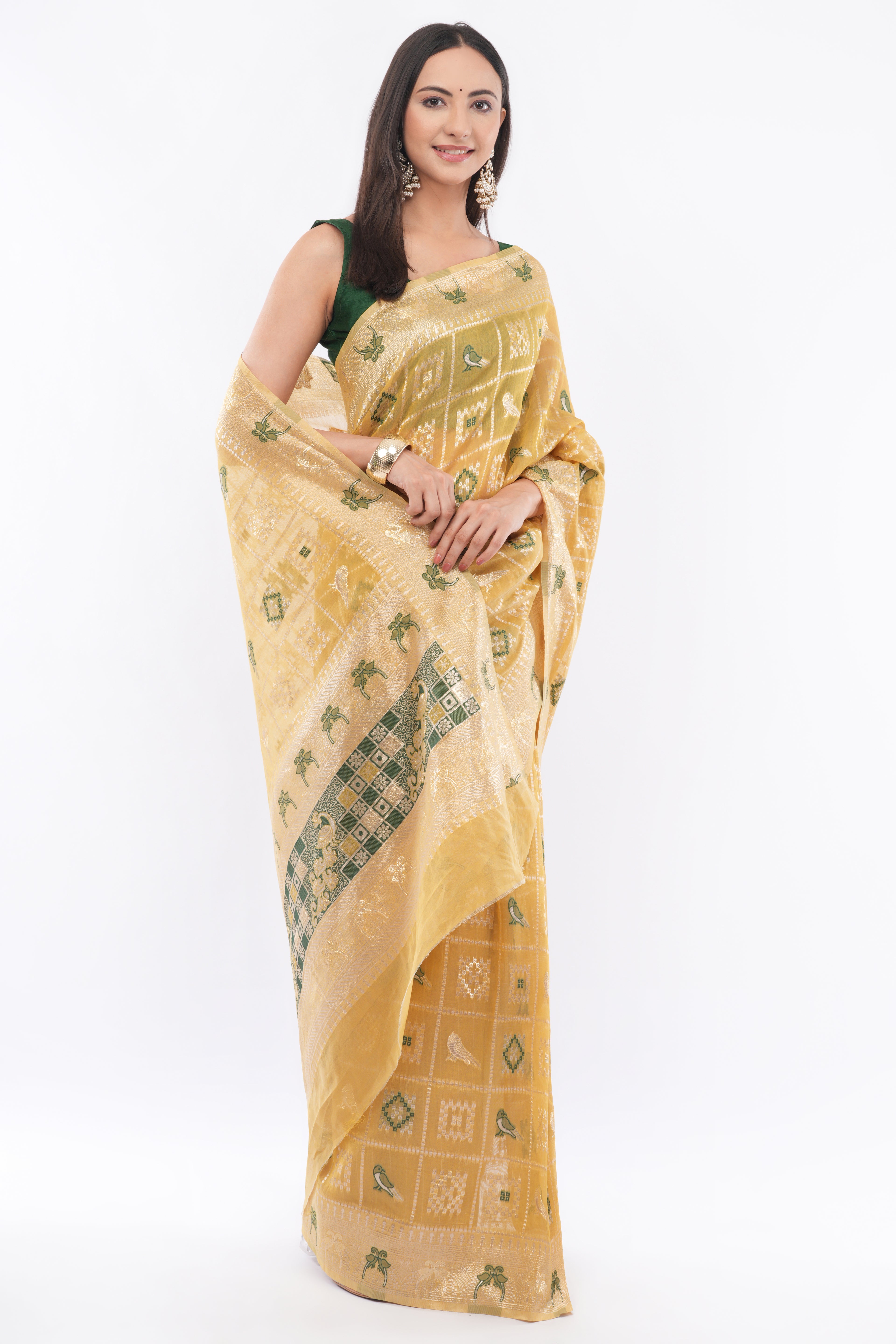 Tulip Handloom Mustard Yellow Kora Silk Saree with Zari Checks & Green Meenakari