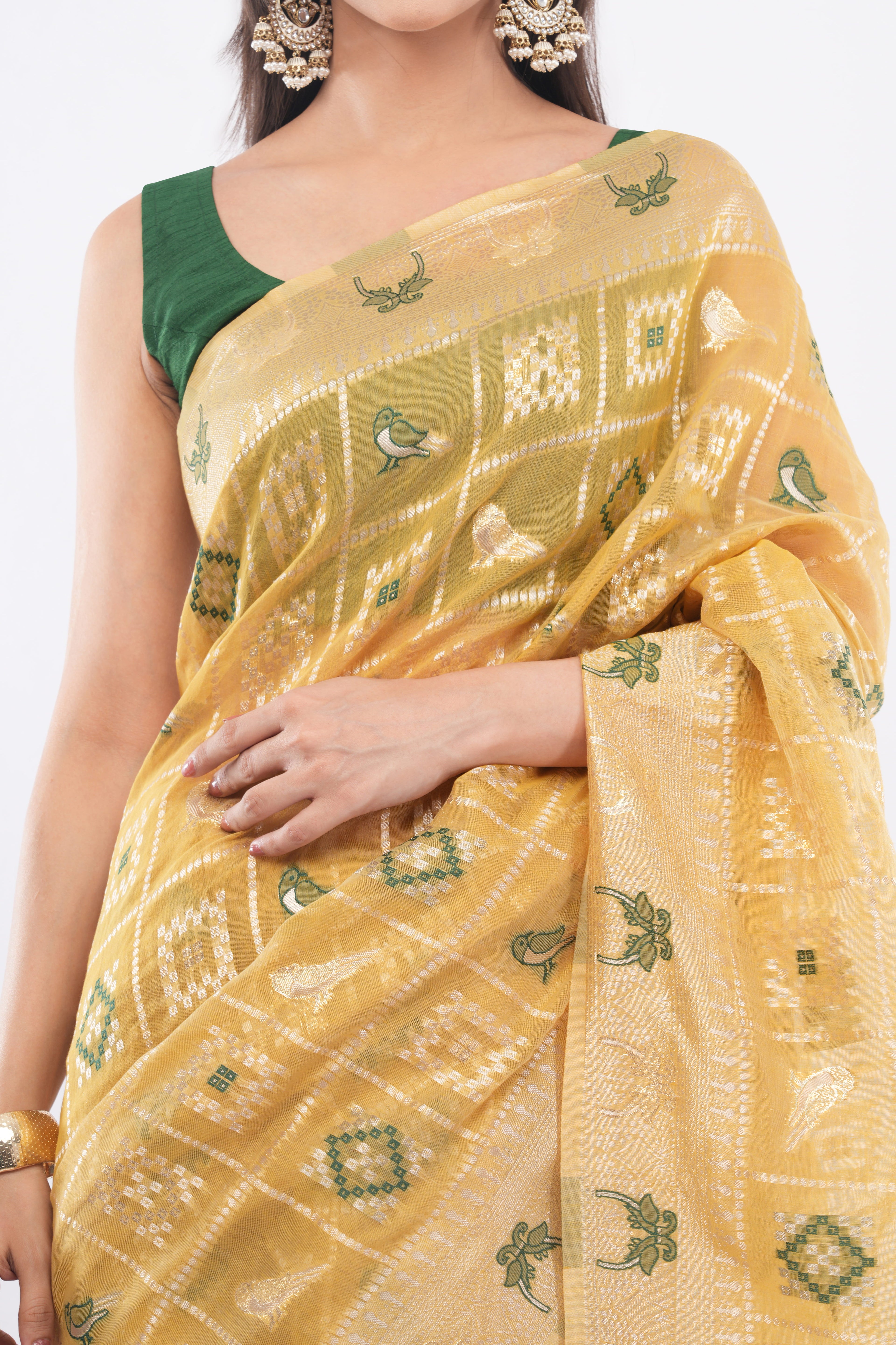 Tulip Handloom Mustard Yellow Kora Silk Saree with Zari Checks & Green Meenakari