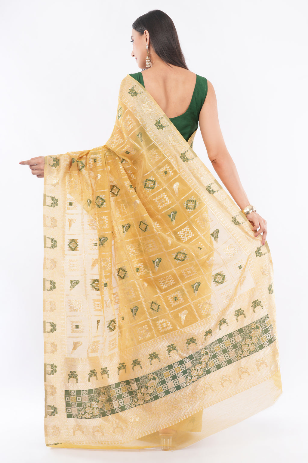 Tulip Handloom Mustard Yellow Kora Silk Saree with Zari Checks & Green Meenakari