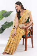 Tulip Handloom Mustard Yellow Kora Silk Saree with Zari Checks & Green Meenakari