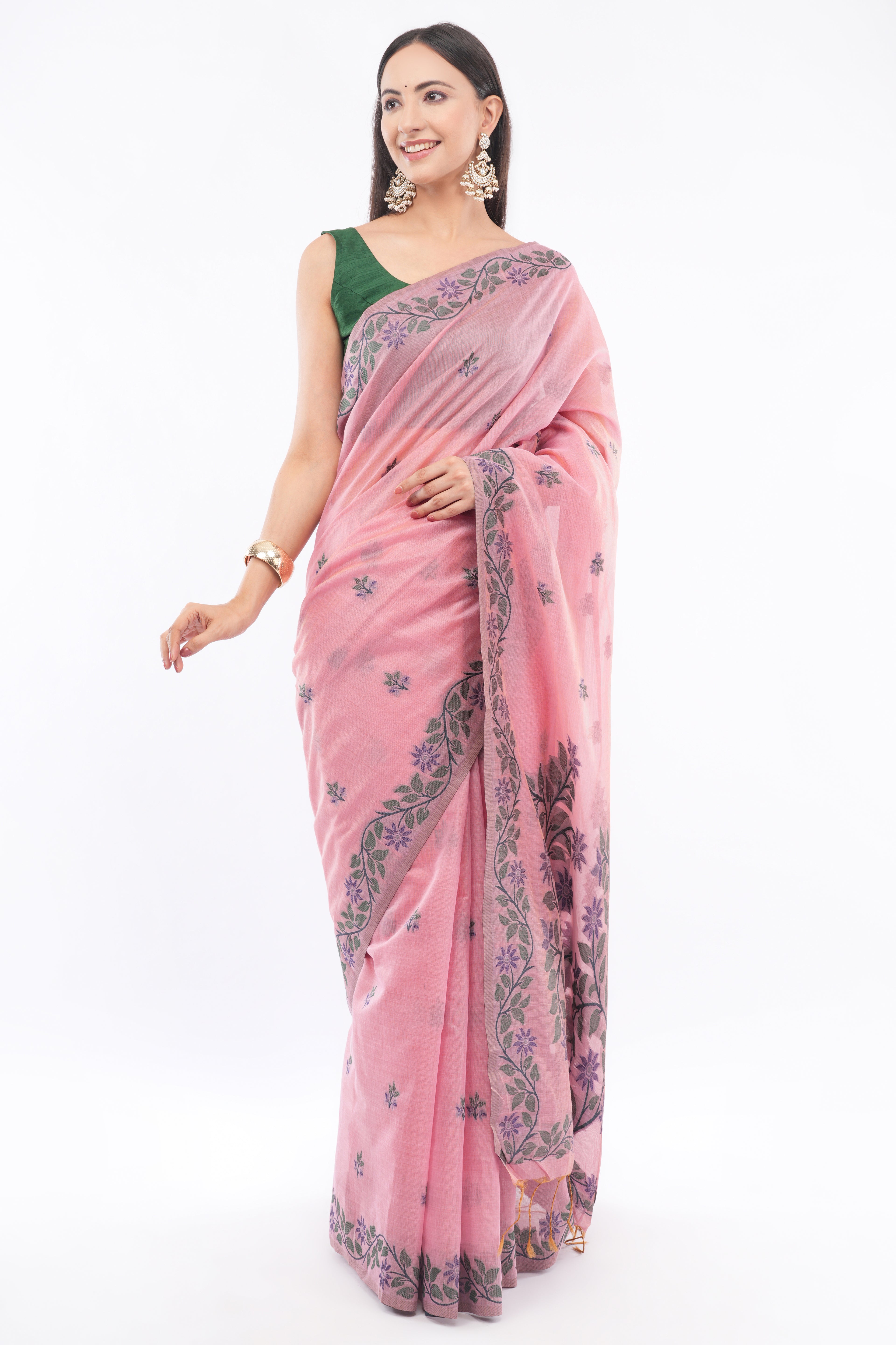 Tulip Handloom Pastel Pink Linen Blend Saree with Purple Floral Vine Border