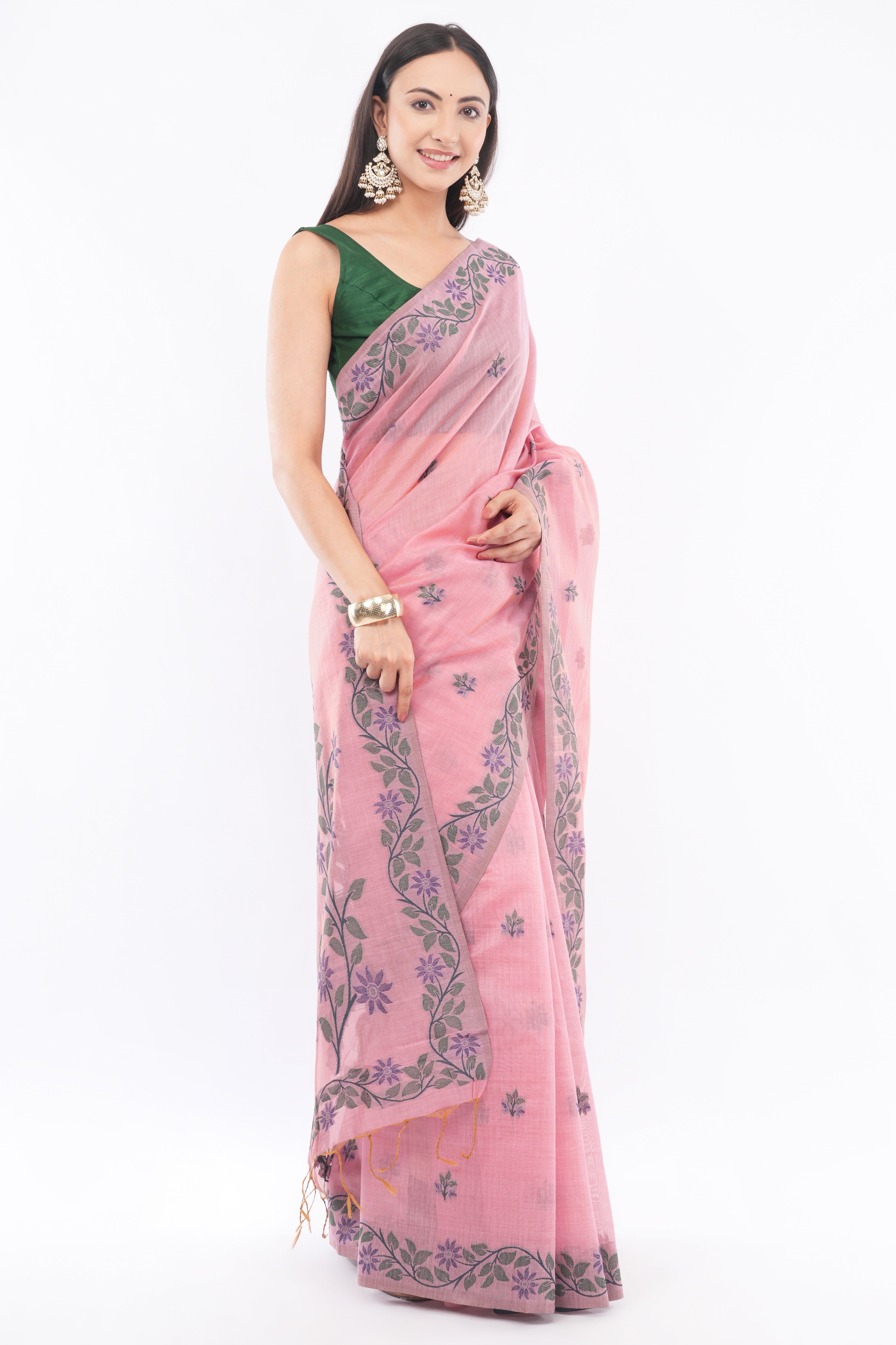 Tulip Handloom Pastel Pink Linen Blend Saree with Purple Floral Vine Border