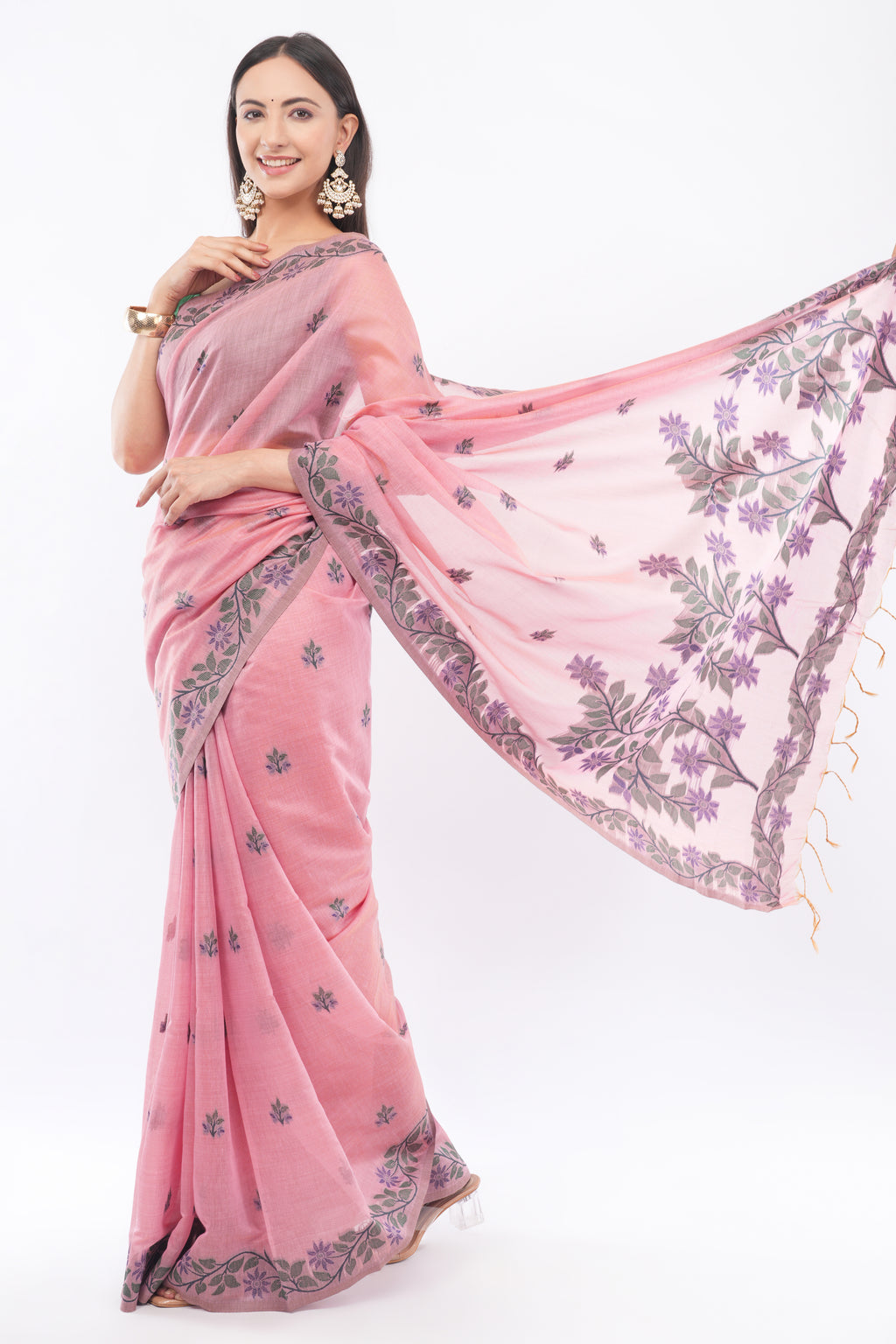 Tulip Handloom Pastel Pink Linen Blend Saree with Purple Floral Vine Border