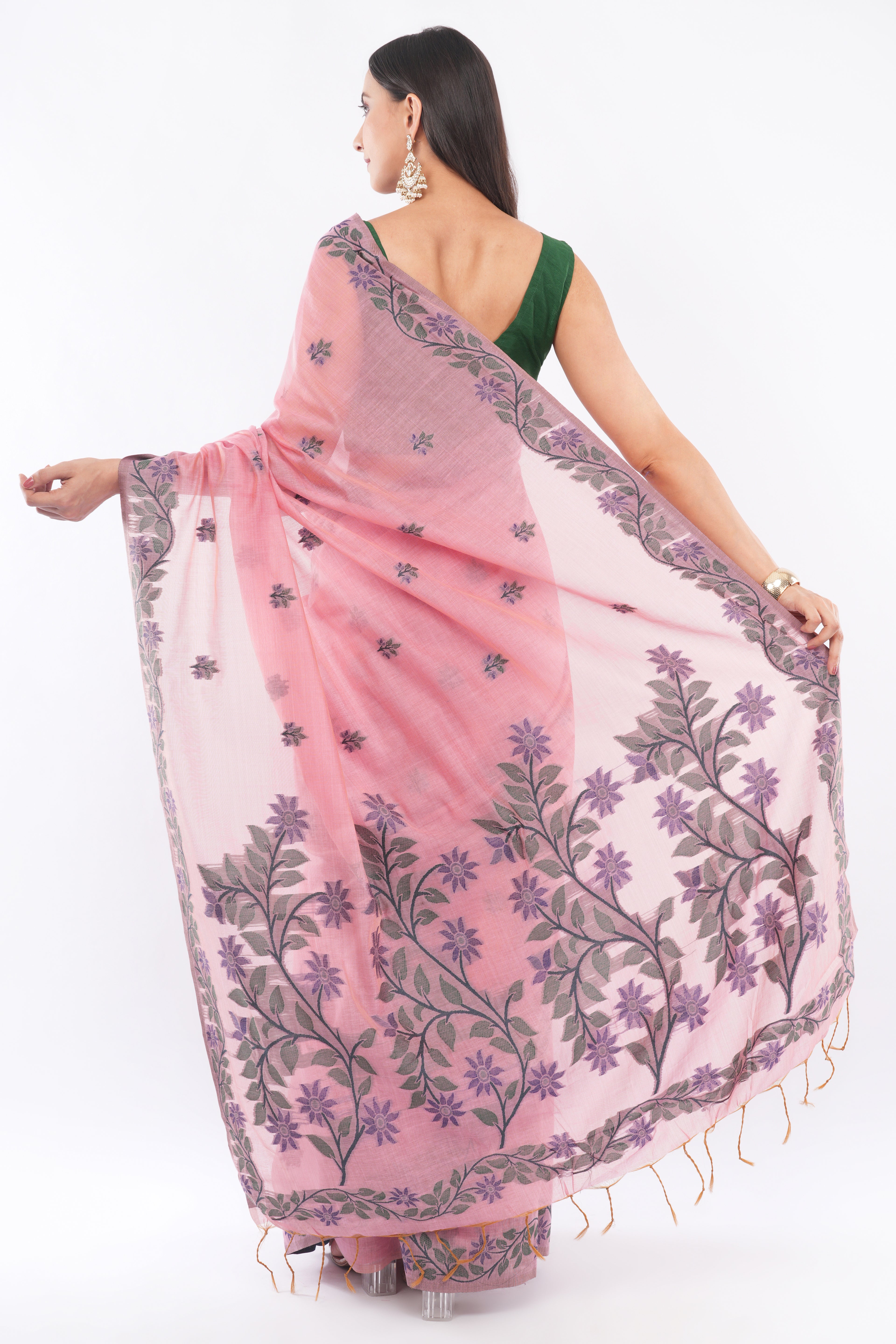 Tulip Handloom Pastel Pink Linen Blend Saree with Purple Floral Vine Border