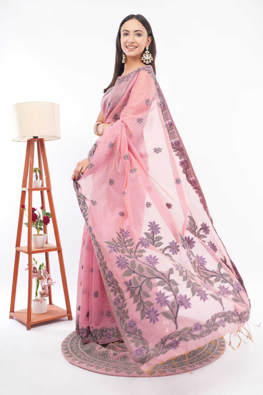 Tulip Handloom Pastel Pink Linen Blend Saree with Purple Floral Vine Border