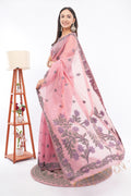Tulip Handloom Pastel Pink Linen Blend Saree with Purple Floral Vine Border