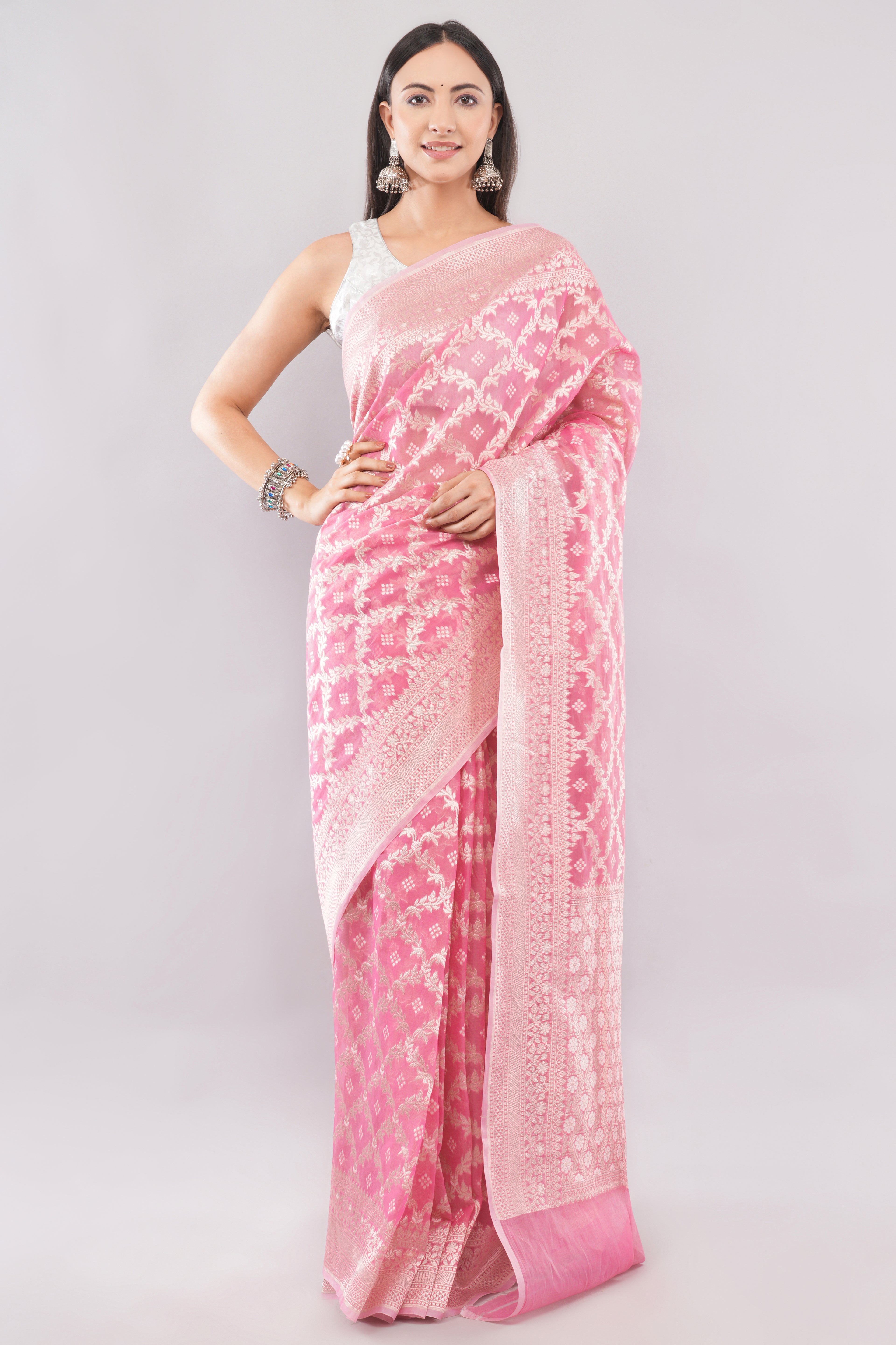 Soft Pink Banarasi Kora cotton Silk Saree with Silver Zari Jaal Work