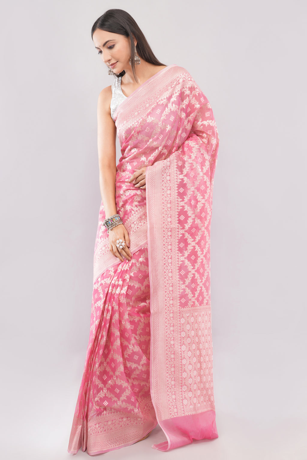 Soft Pink Banarasi Kora cotton Silk Saree with Silver Zari Jaal Work