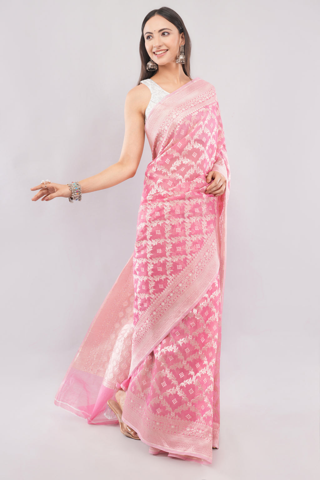 Soft Pink Banarasi Kora cotton Silk Saree with Silver Zari Jaal Work