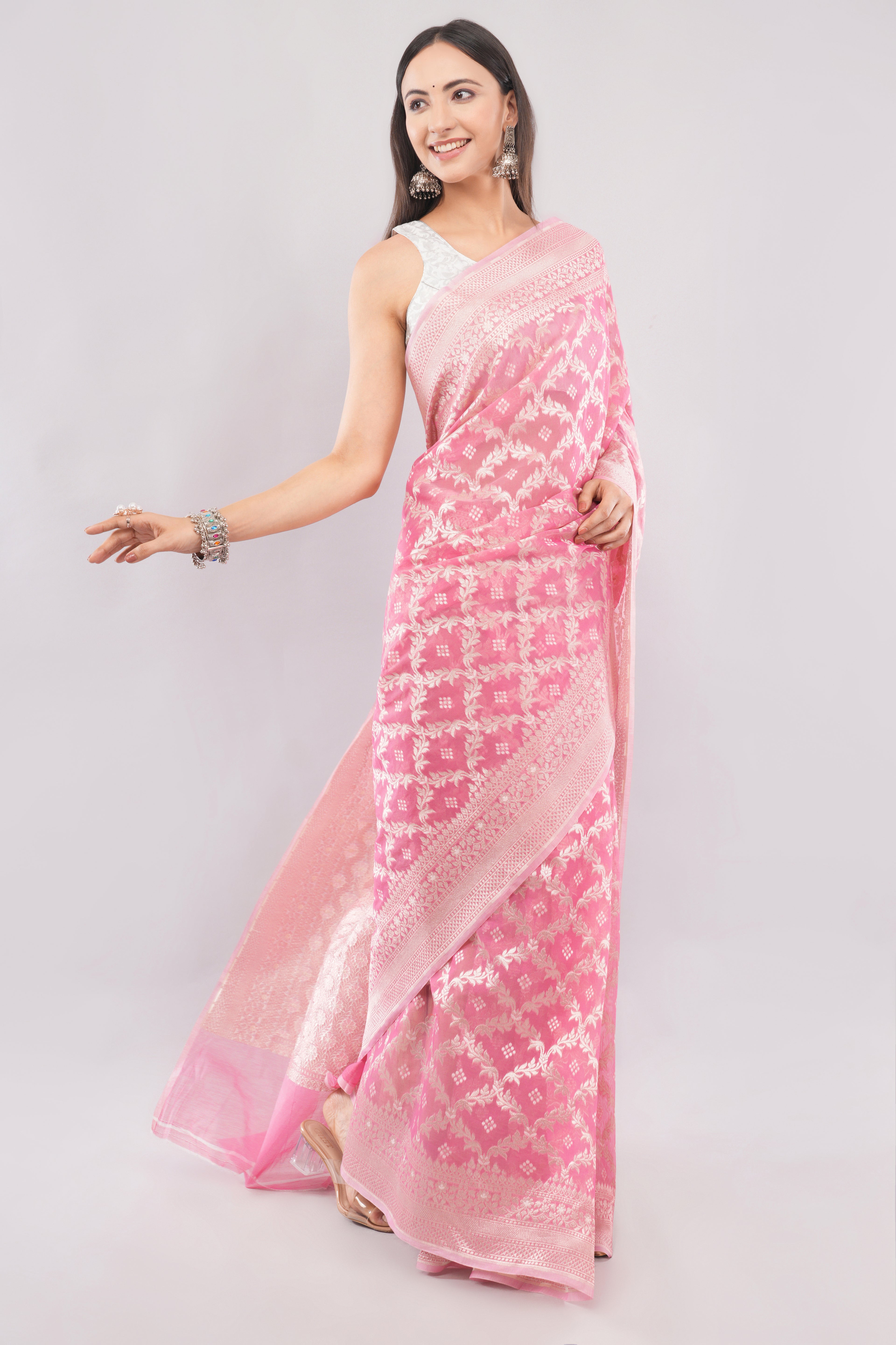 Soft Pink Banarasi Kora cotton Silk Saree with Silver Zari Jaal Work