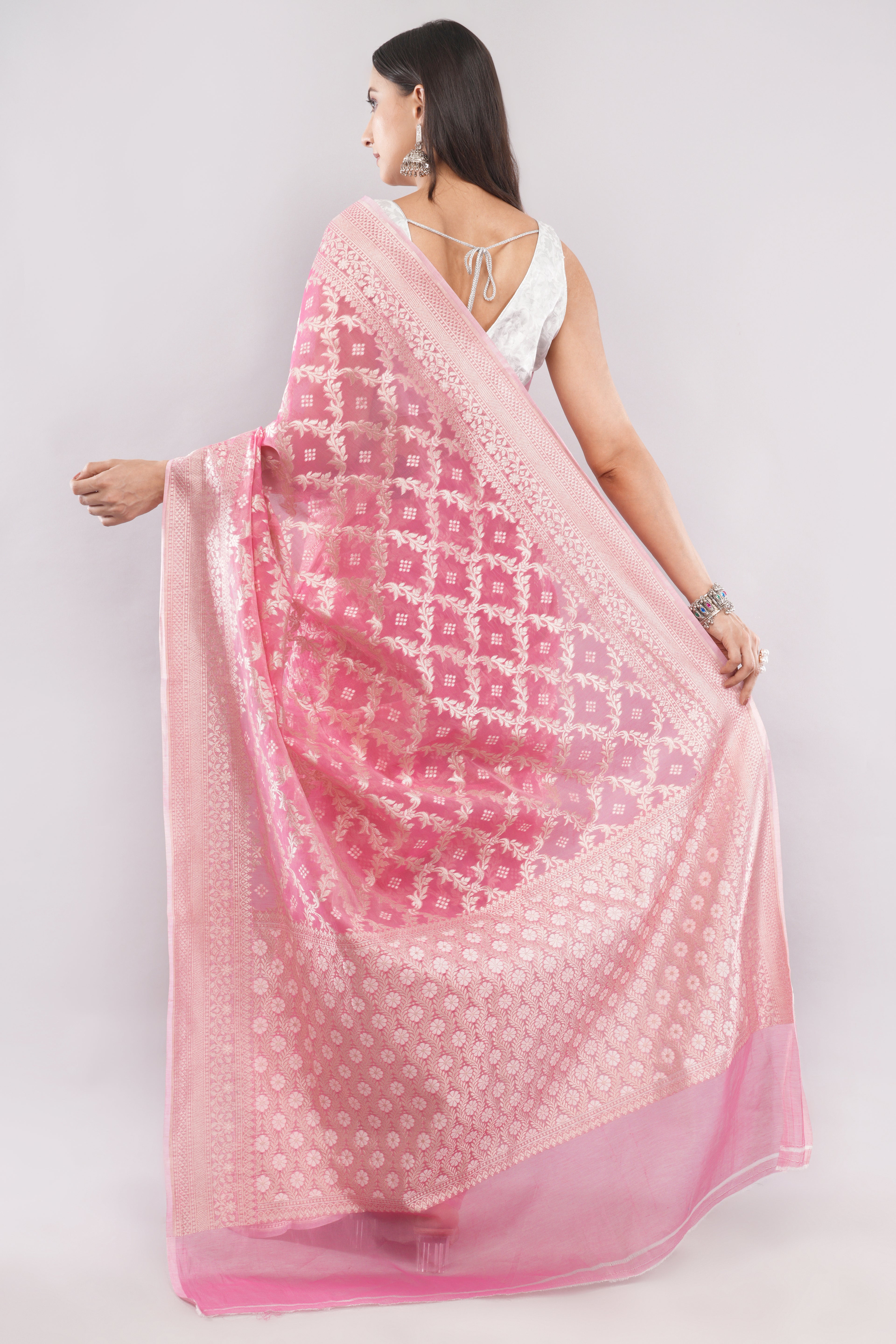 Soft Pink Banarasi Kora cotton Silk Saree with Silver Zari Jaal Work