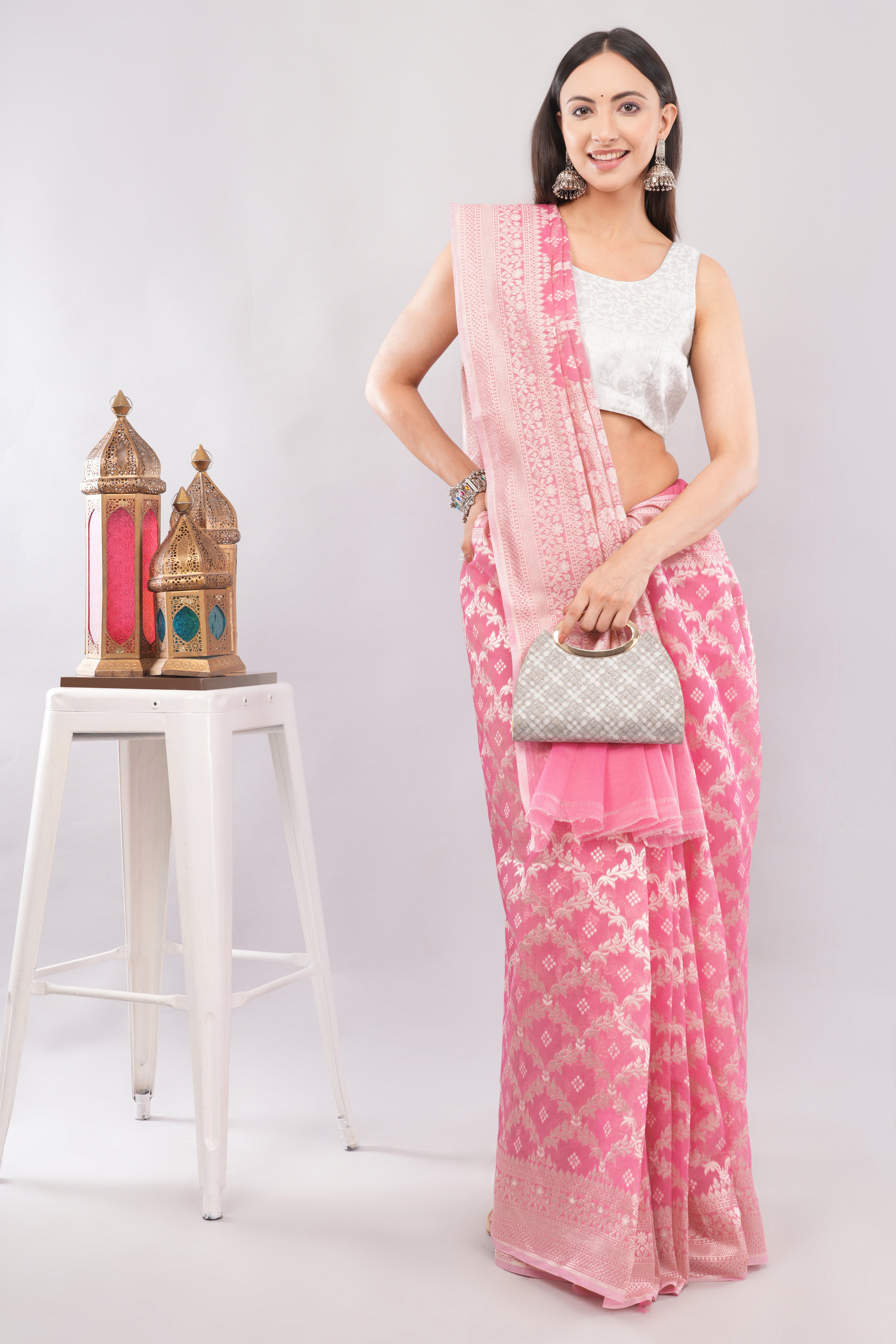 Soft Pink Banarasi Kora cotton Silk Saree with Silver Zari Jaal Work