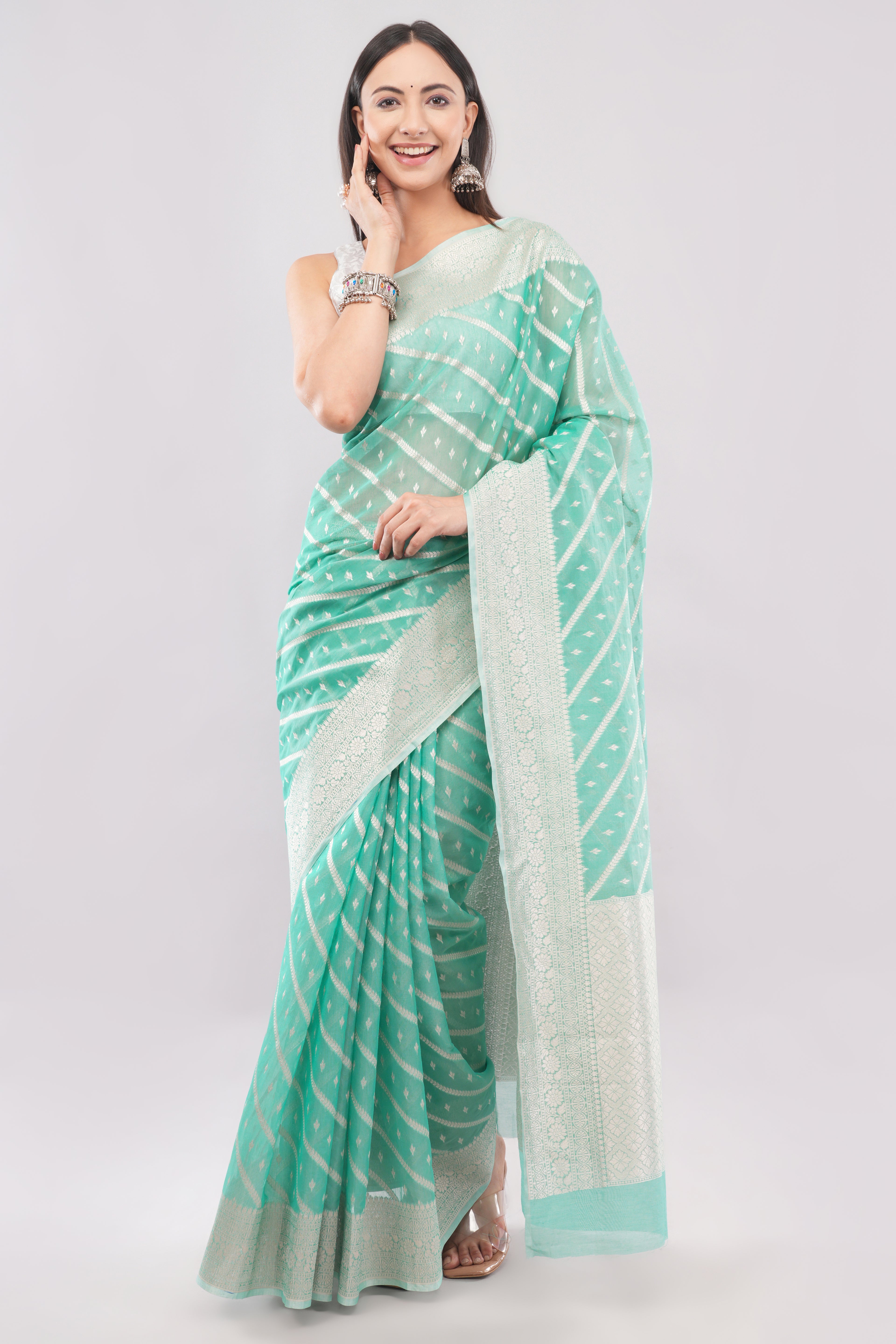 Premium Mint Green Saree with Silver Zari Weave | Tulip Handloom