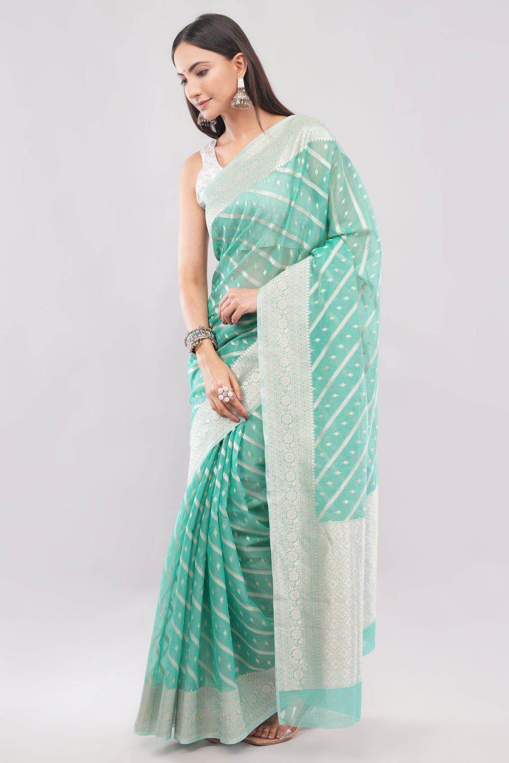 Premium Mint Green Saree with Silver Zari Weave | Tulip Handloom