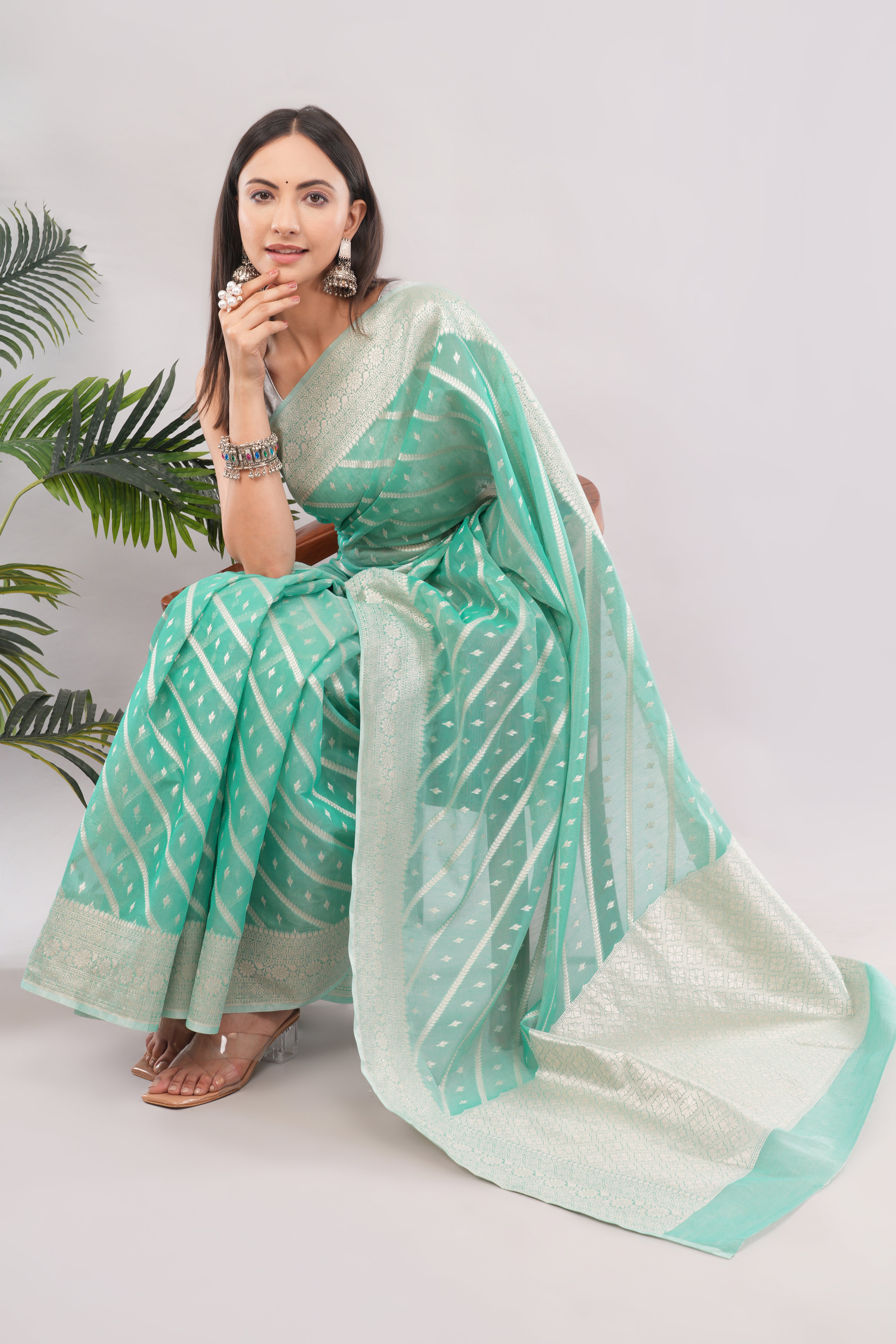Premium Mint Green Saree with Silver Zari Weave | Tulip Handloom