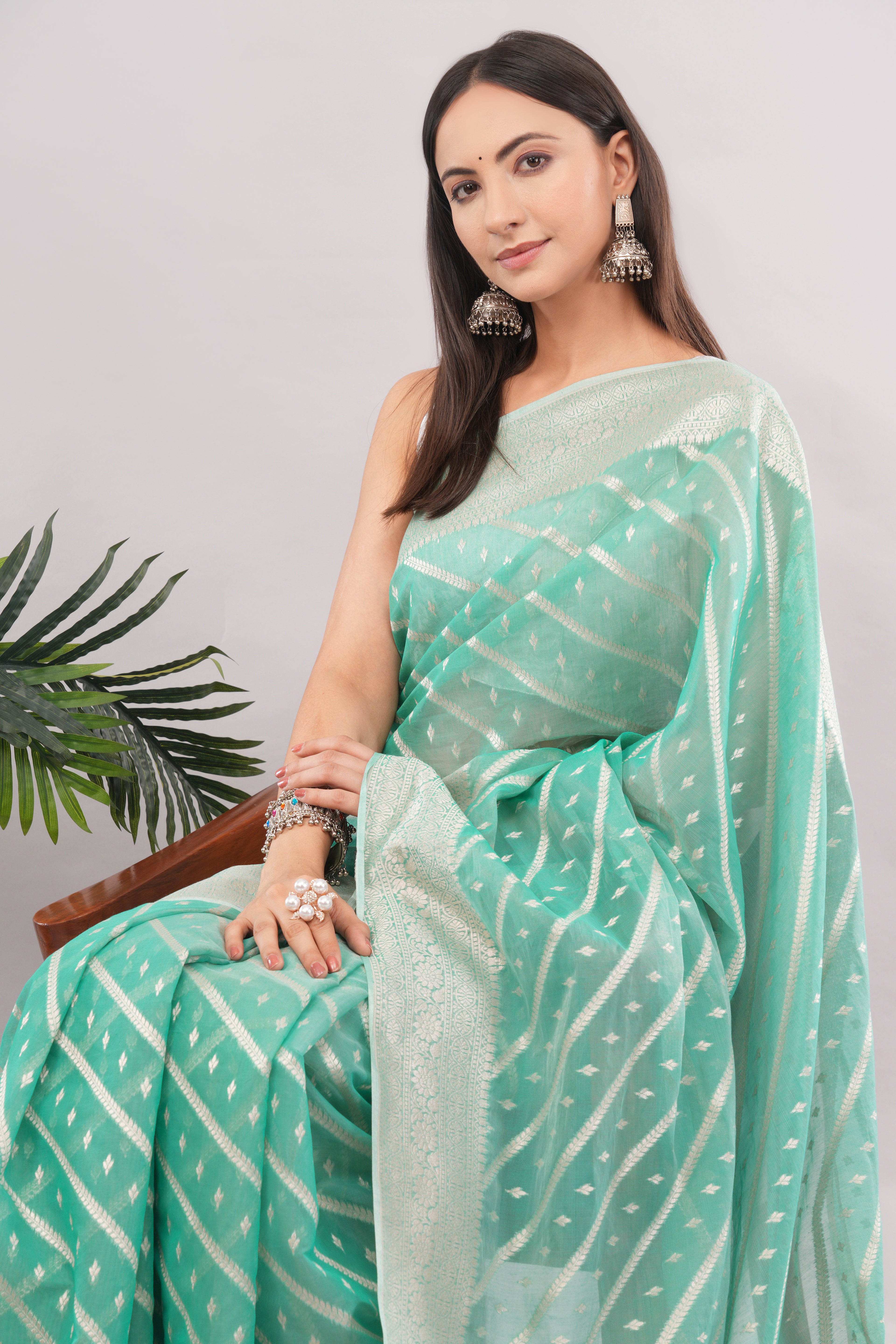 Premium Mint Green Saree with Silver Zari Weave | Tulip Handloom