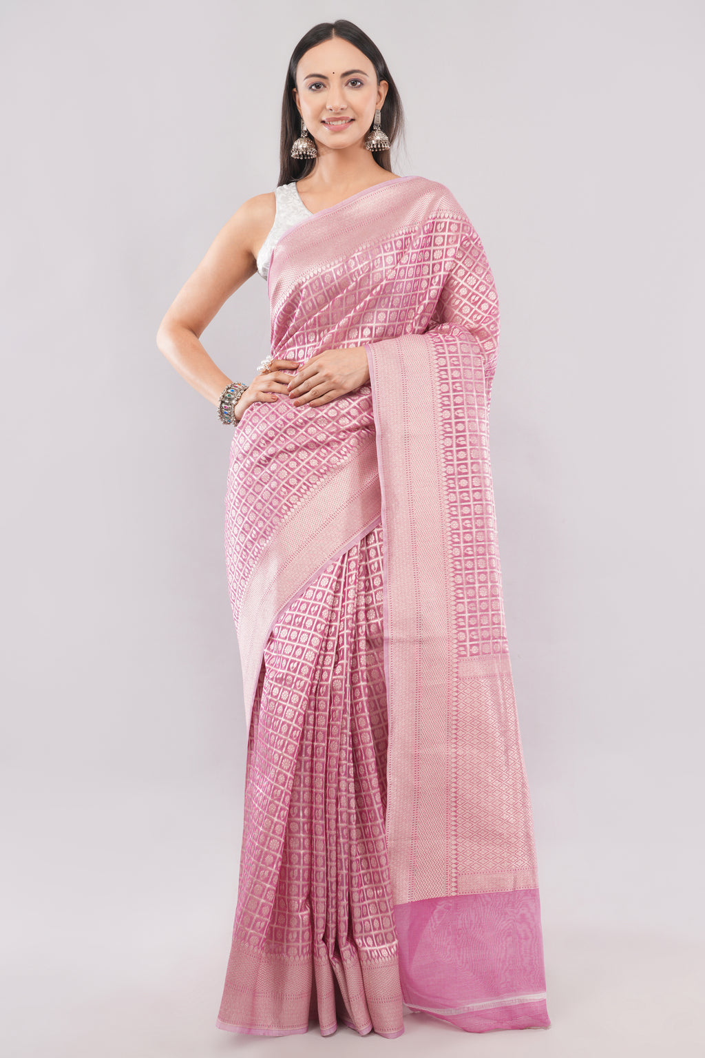 Tulip Handloom Soft Pink cotton Tissue Silk Saree with Silver Zari Grid Weave