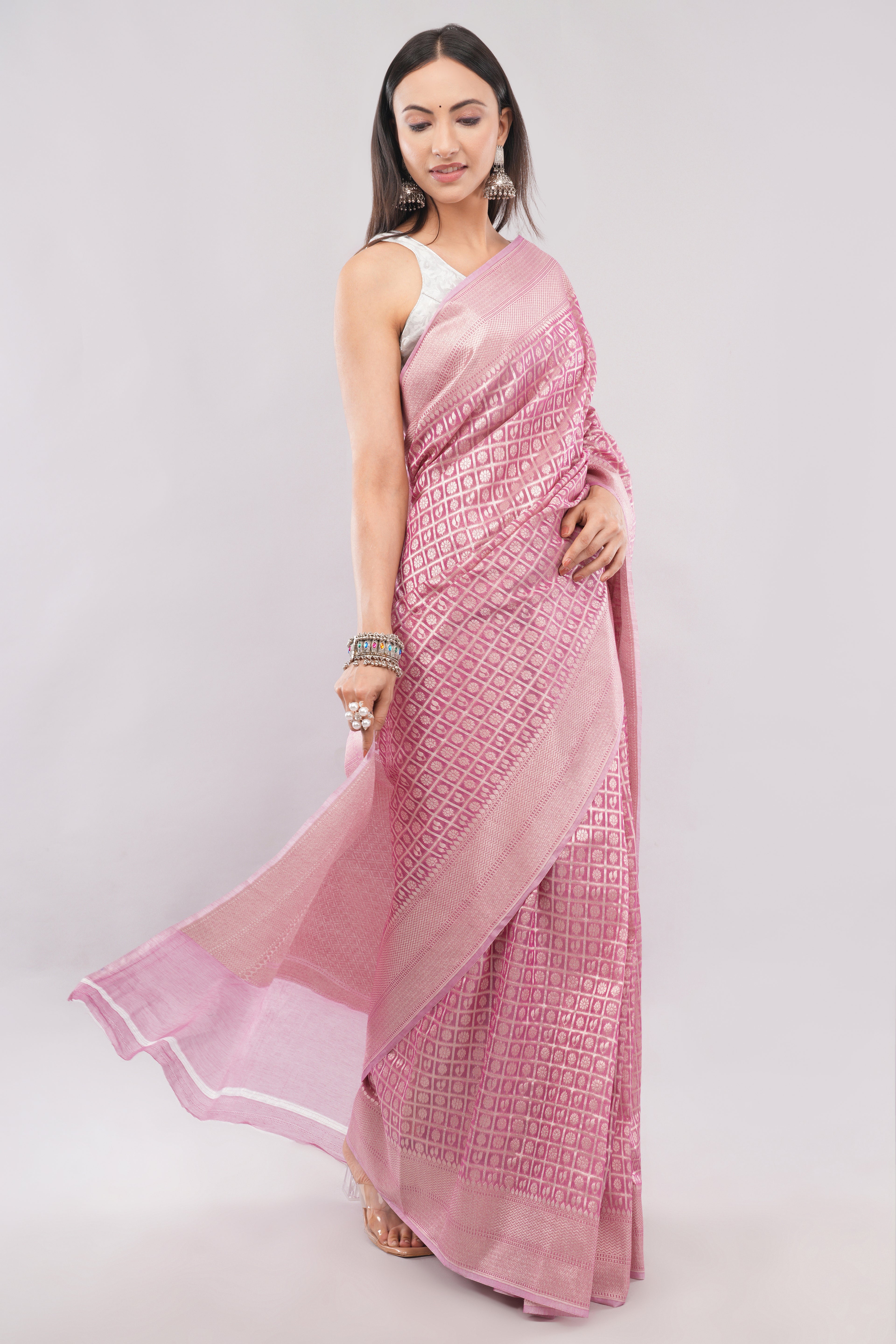 Tulip Handloom Soft Pink cotton Tissue Silk Saree with Silver Zari Grid Weave