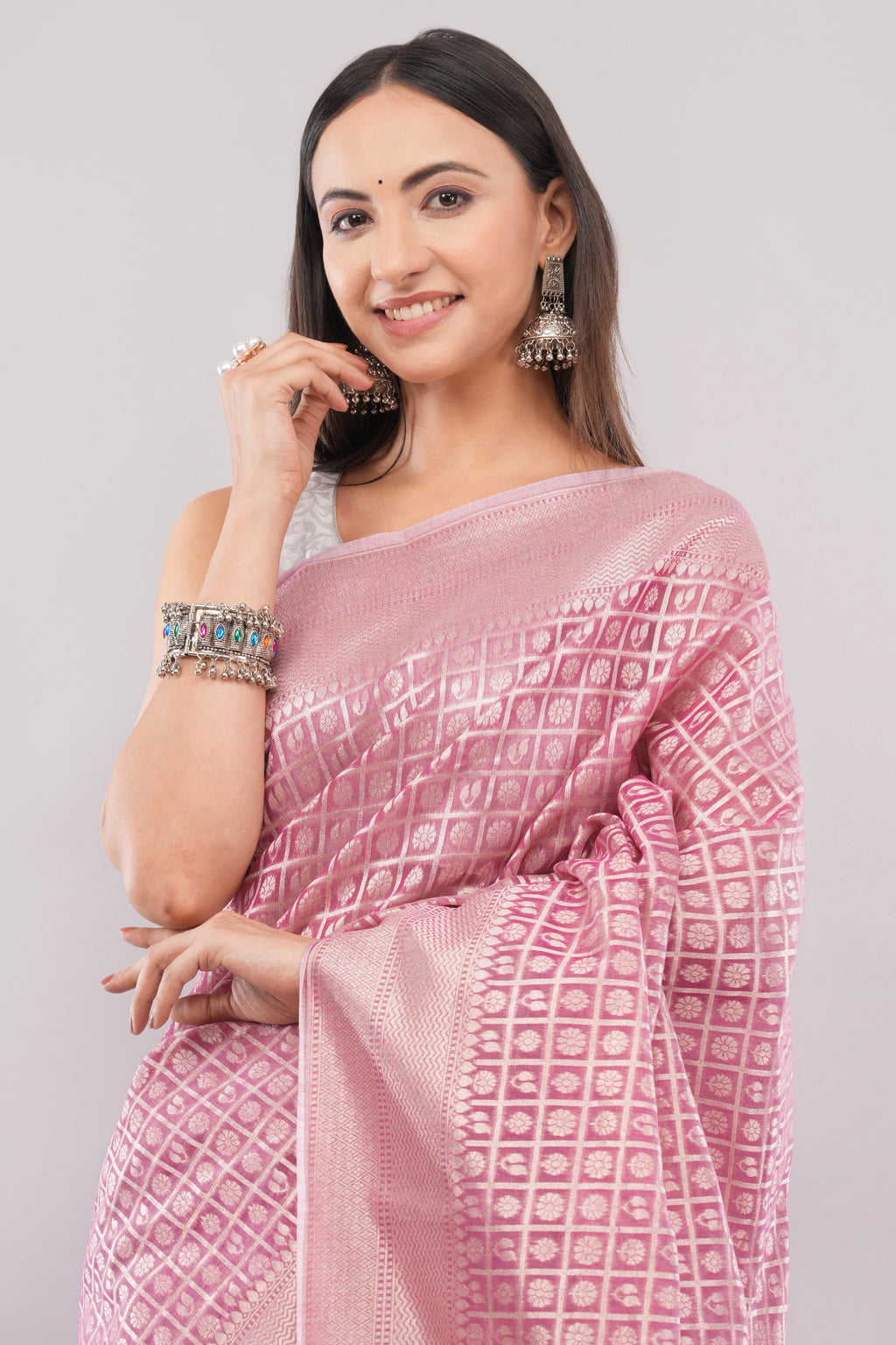 Tulip Handloom Soft Pink cotton Tissue Silk Saree with Silver Zari Grid Weave