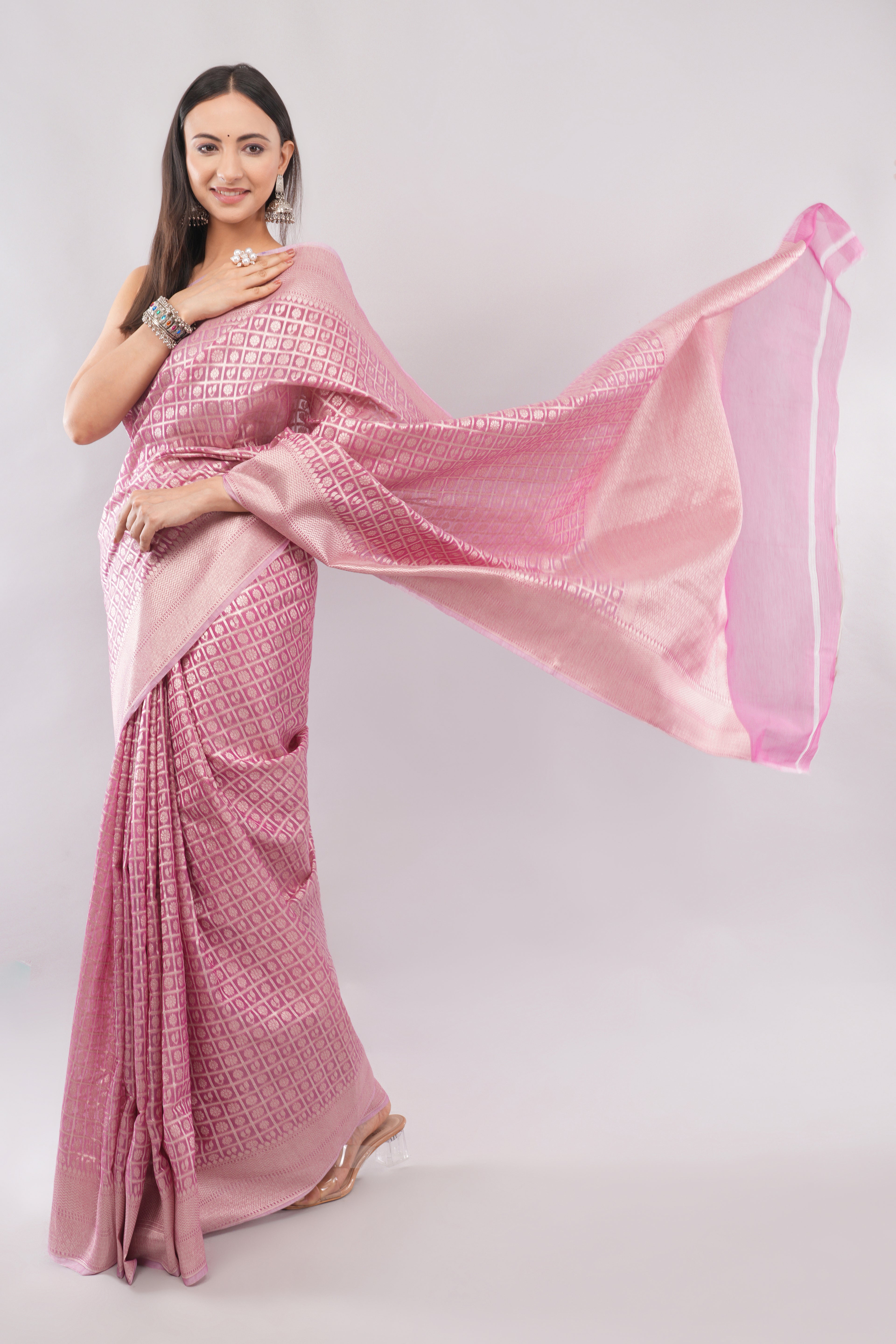 Tulip Handloom Soft Pink cotton Tissue Silk Saree with Silver Zari Grid Weave