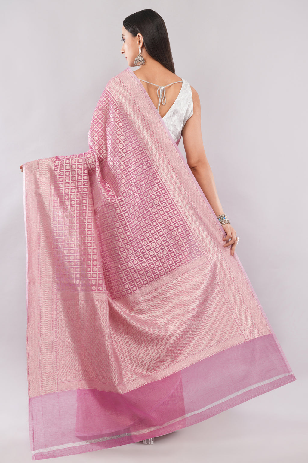 Tulip Handloom Soft Pink cotton Tissue Silk Saree with Silver Zari Grid Weave