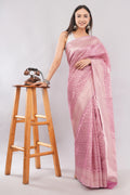 Tulip Handloom Soft Pink cotton Tissue Silk Saree with Silver Zari Grid Weave