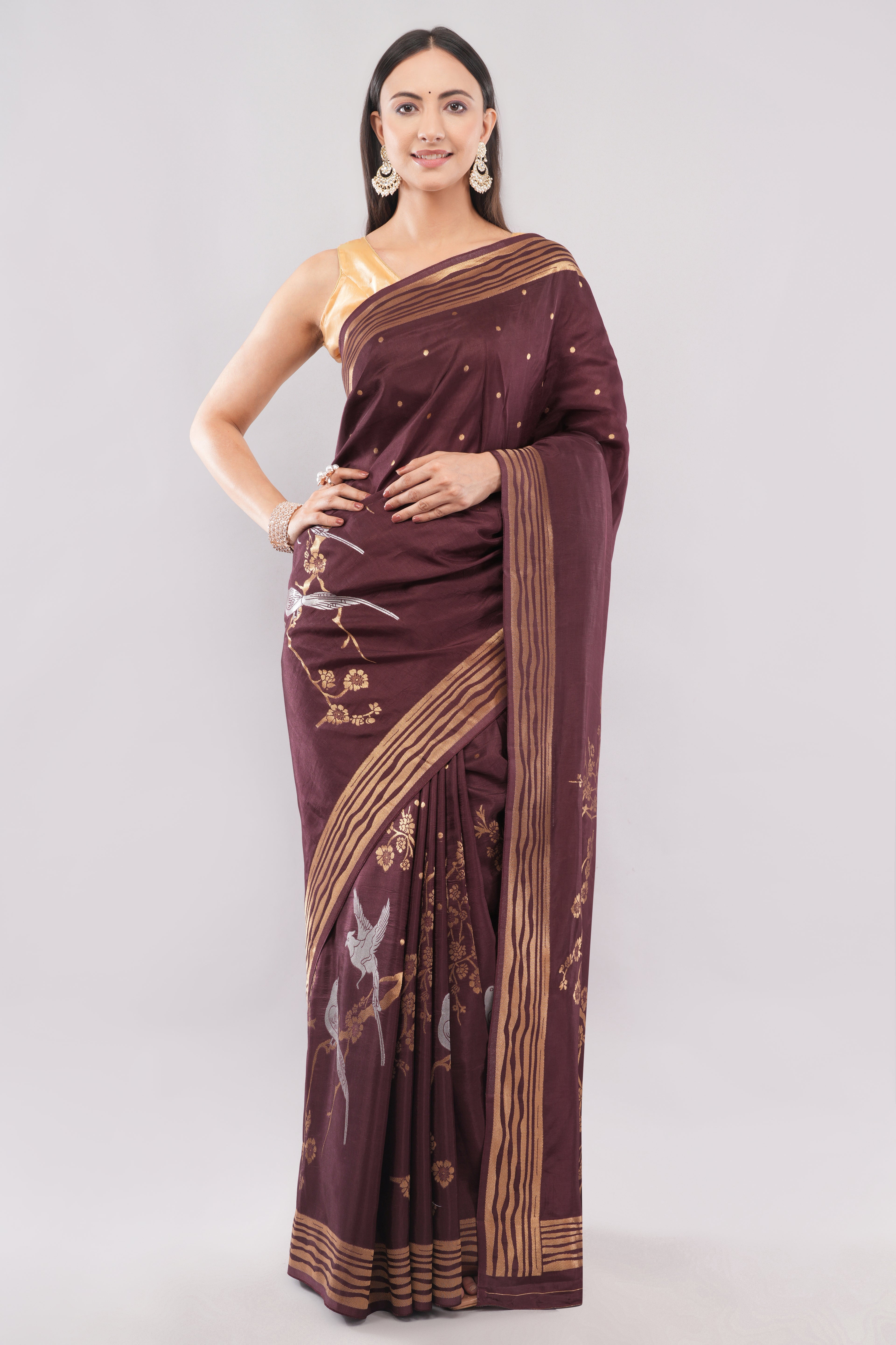Tulip Handloom Coffee Brown Silk Saree with Gold Zari Stripes & Bird Motifs
