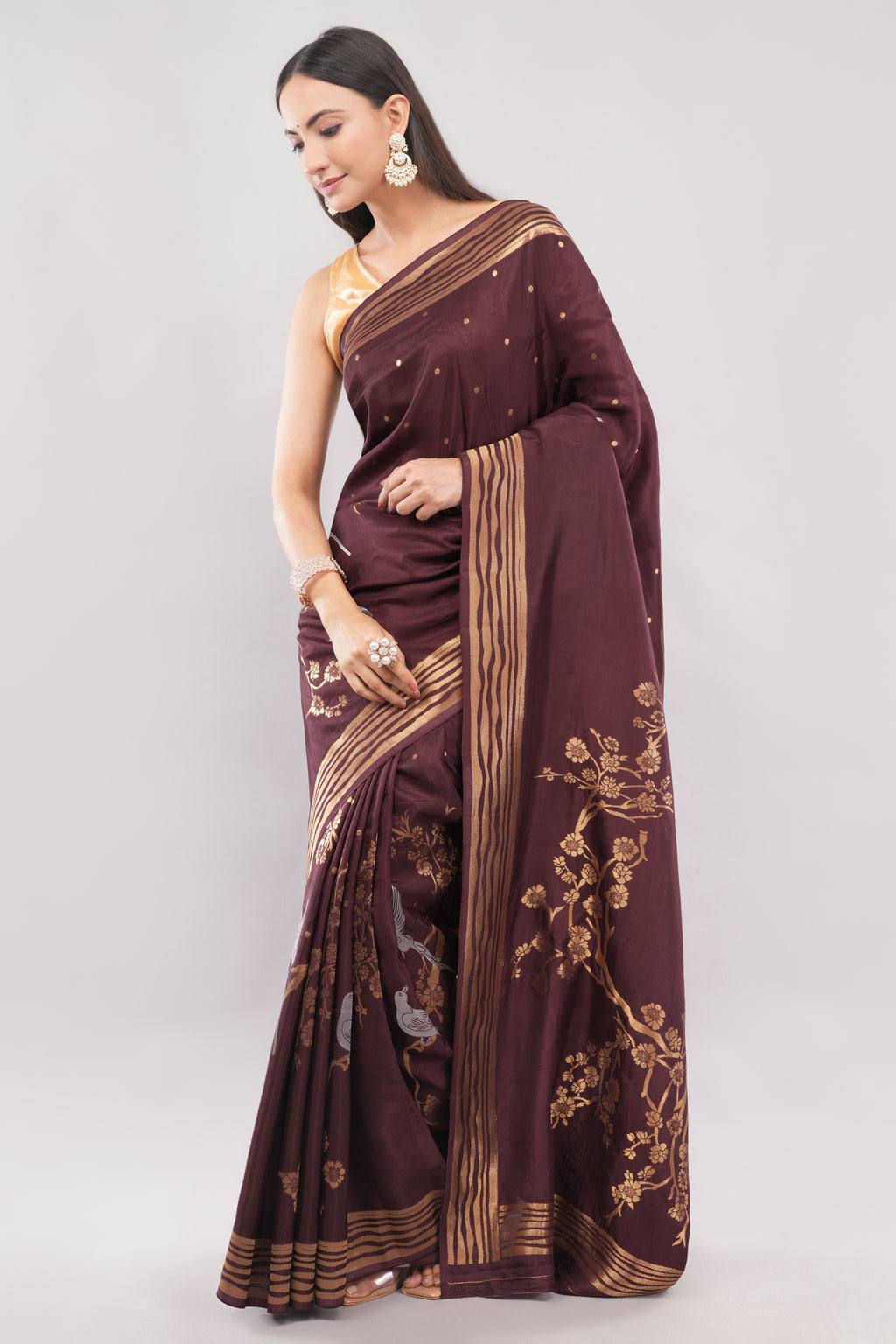 Tulip Handloom Coffee Brown Silk Saree with Gold Zari Stripes & Bird Motifs