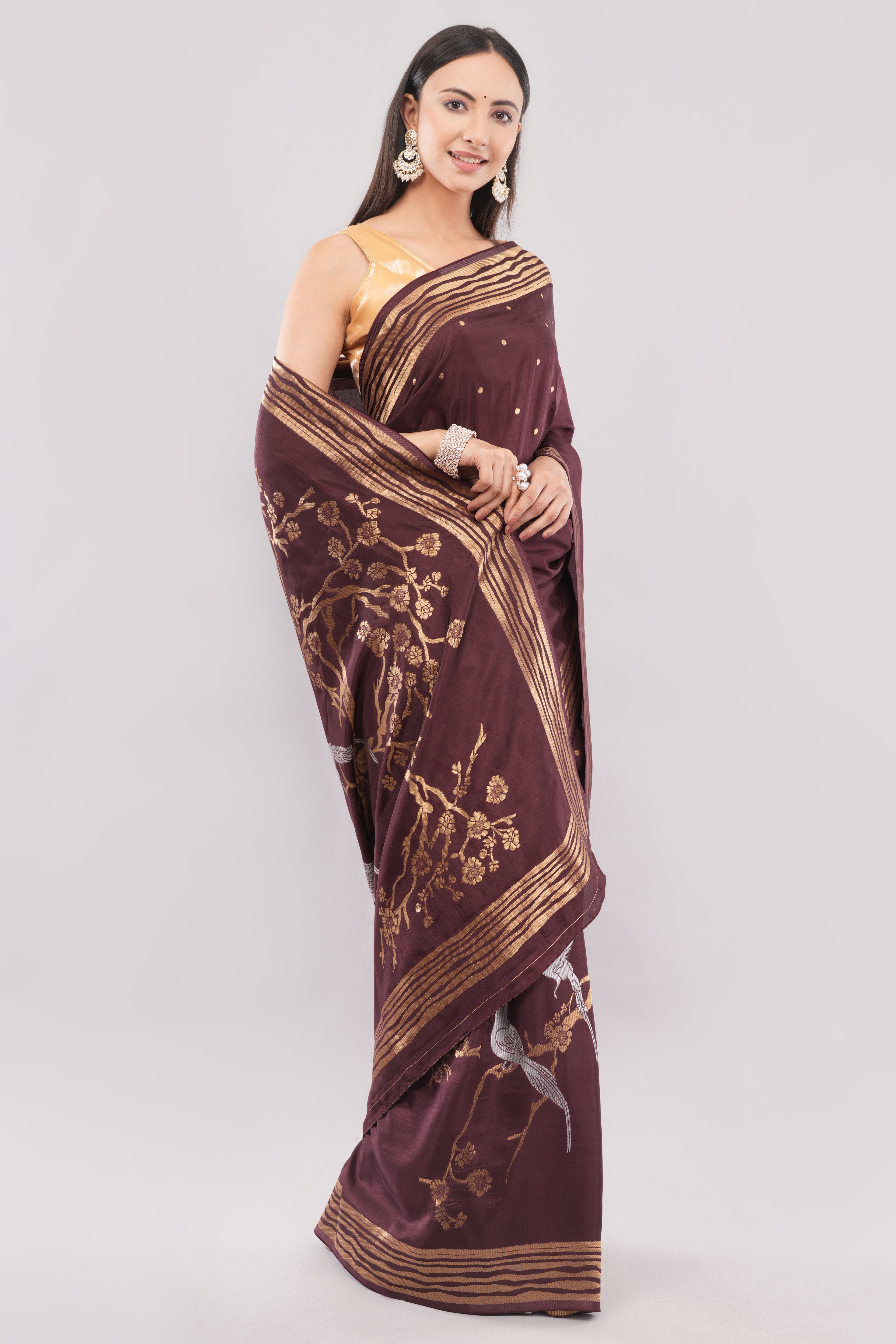 Tulip Handloom Coffee Brown Silk Saree with Gold Zari Stripes & Bird Motifs