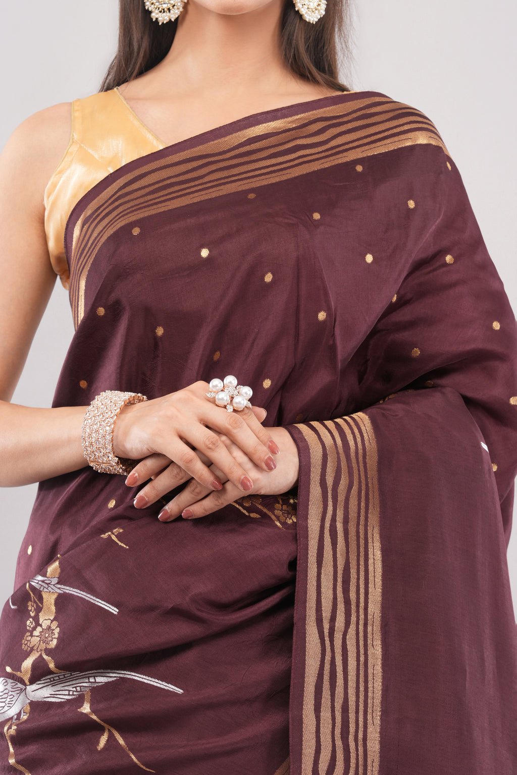 Tulip Handloom Coffee Brown Silk Saree with Gold Zari Stripes & Bird Motifs