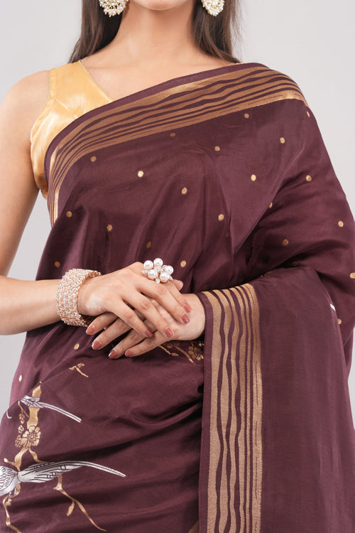 Tulip Handloom Coffee Brown Silk Saree with Gold Zari Stripes & Bird Motifs