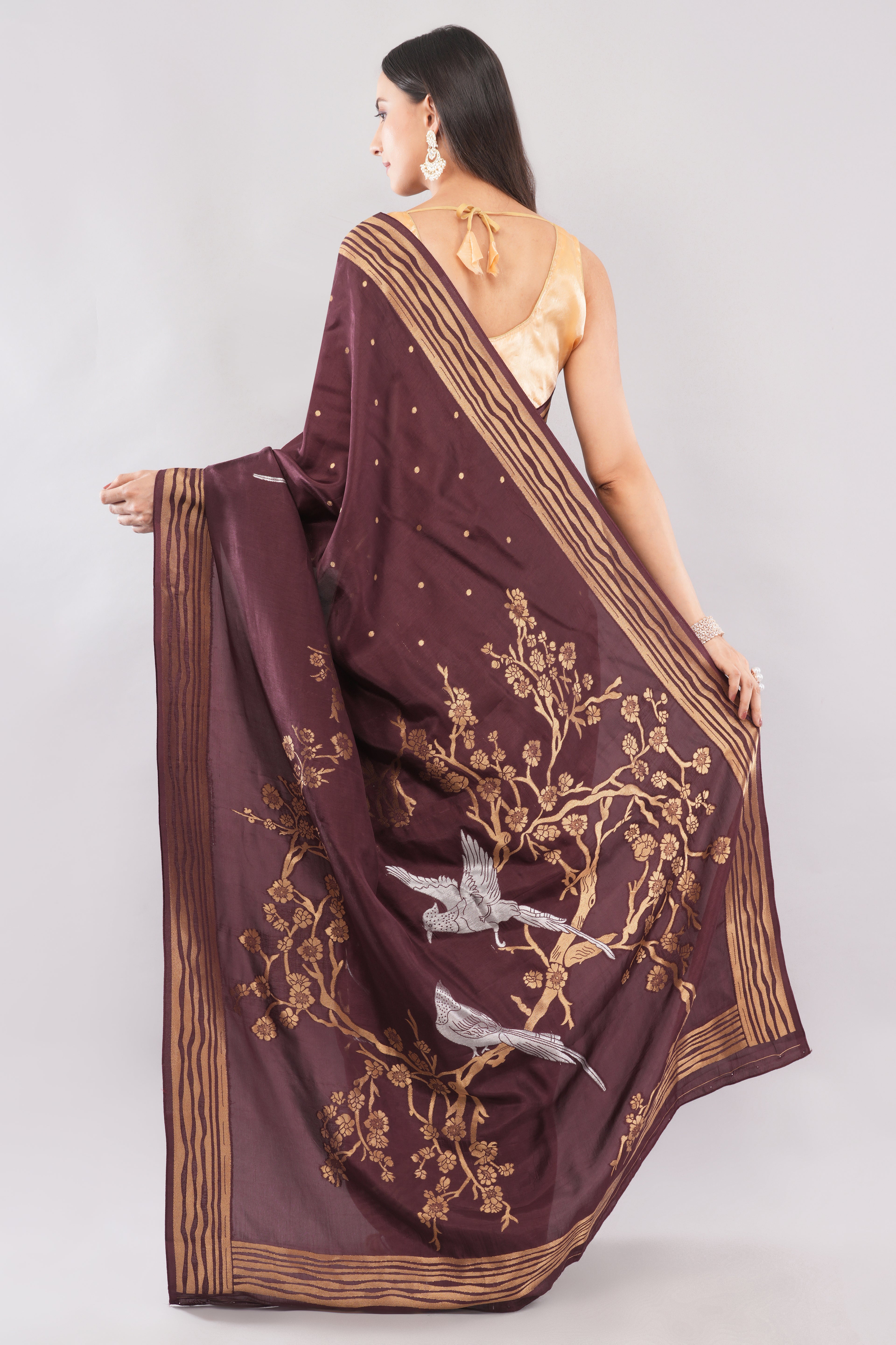 Tulip Handloom Coffee Brown Silk Saree with Gold Zari Stripes & Bird Motifs