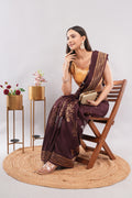 Tulip Handloom Coffee Brown Silk Saree with Gold Zari Stripes & Bird Motifs