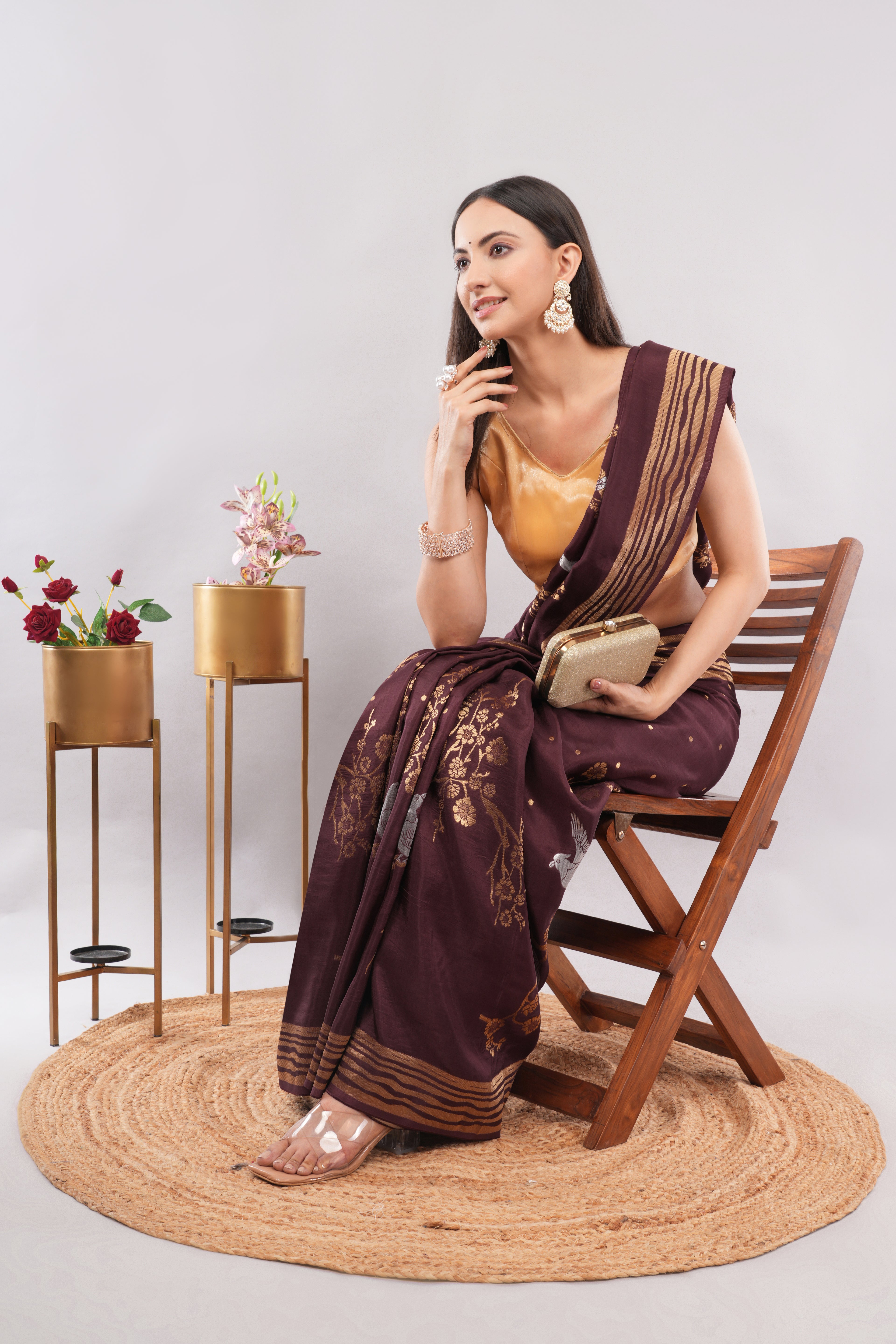 Tulip Handloom Coffee Brown Silk Saree with Gold Zari Stripes & Bird Motifs