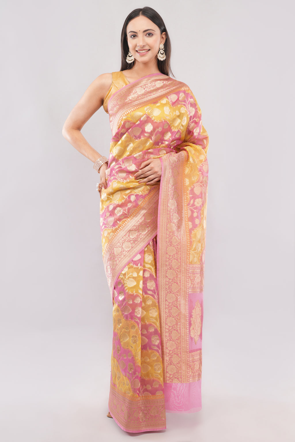 Tulip Handloom Pink & Yellow  Banarasi Organza Rangkaat Saree with Gold Zari Floral Butas