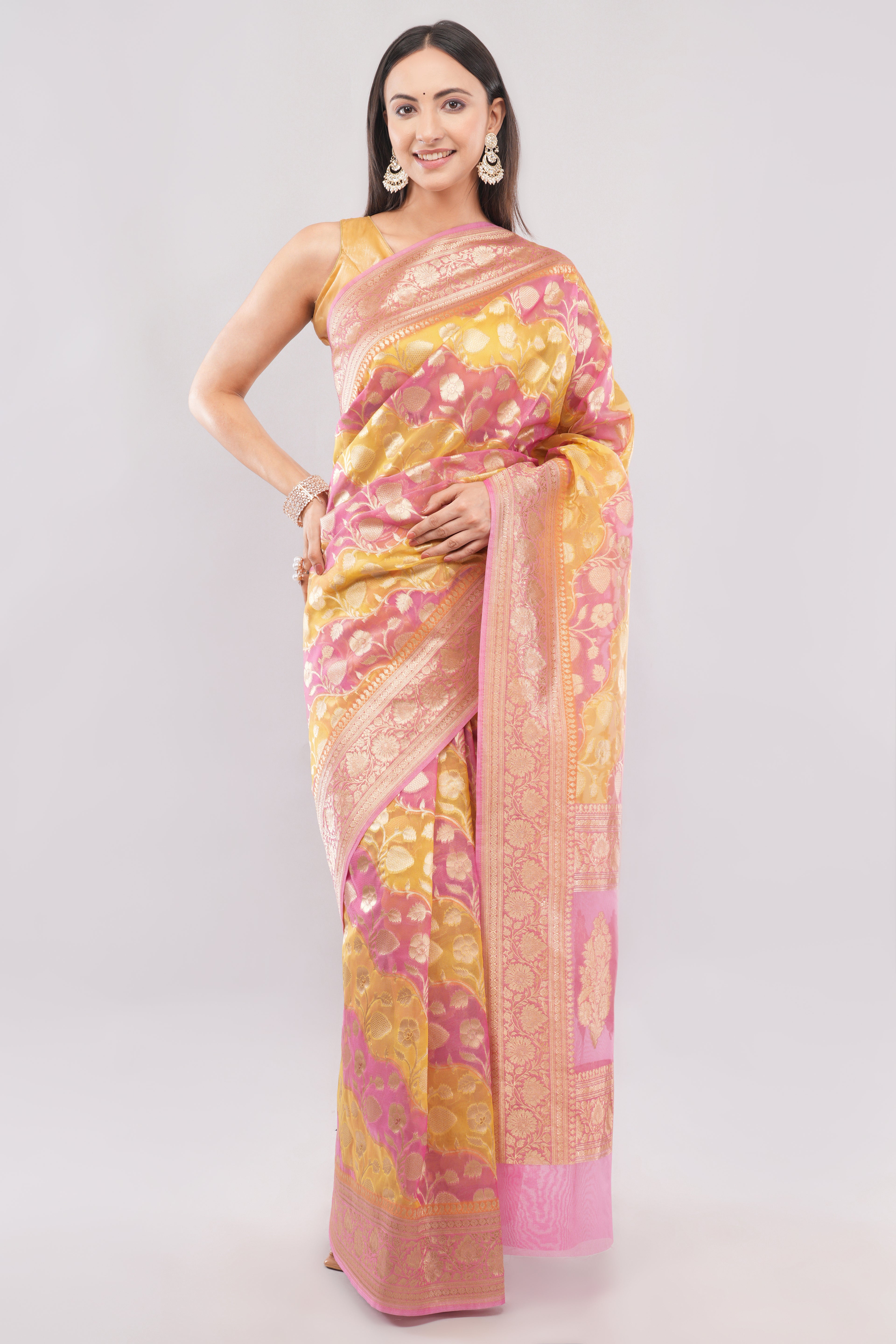 Tulip Handloom Pink & Yellow  Banarasi Organza Rangkaat Saree with Gold Zari Floral Butas