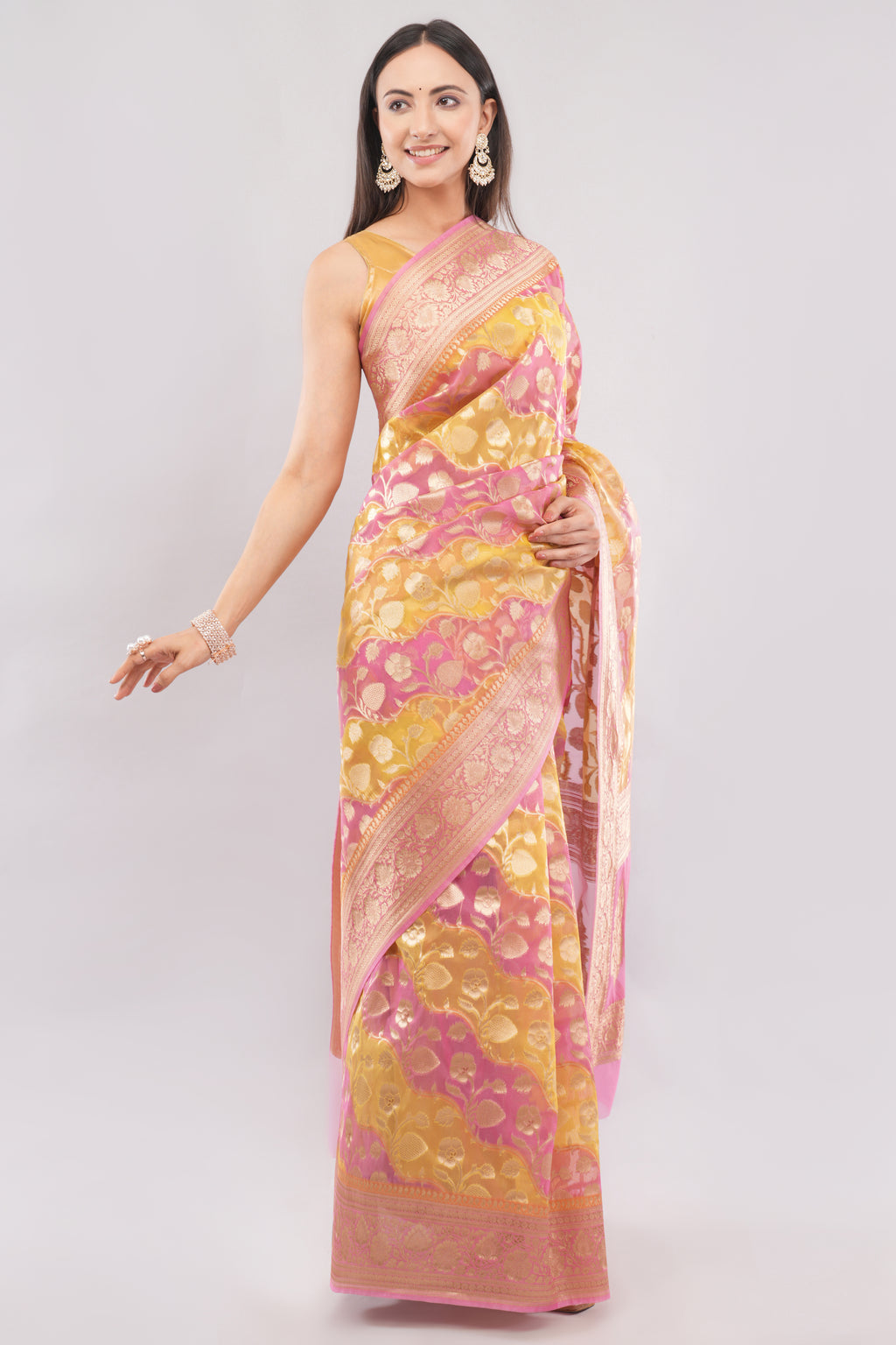 Tulip Handloom Pink & Yellow  Banarasi Organza Rangkaat Saree with Gold Zari Floral Butas