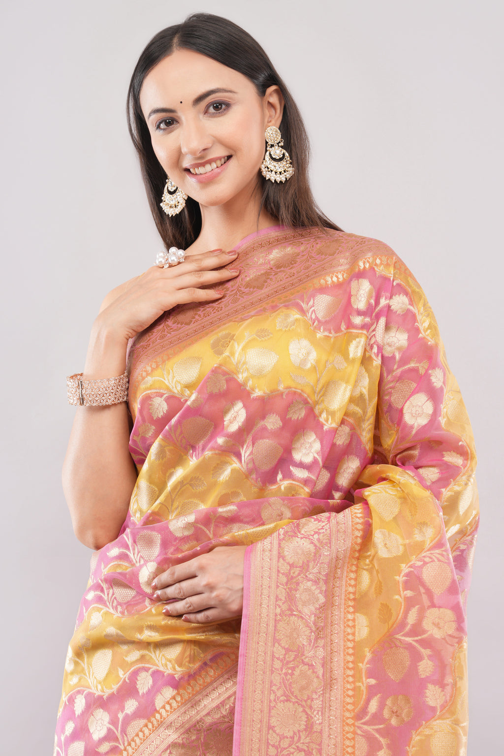 Tulip Handloom Pink & Yellow  Banarasi Organza Rangkaat Saree with Gold Zari Floral Butas