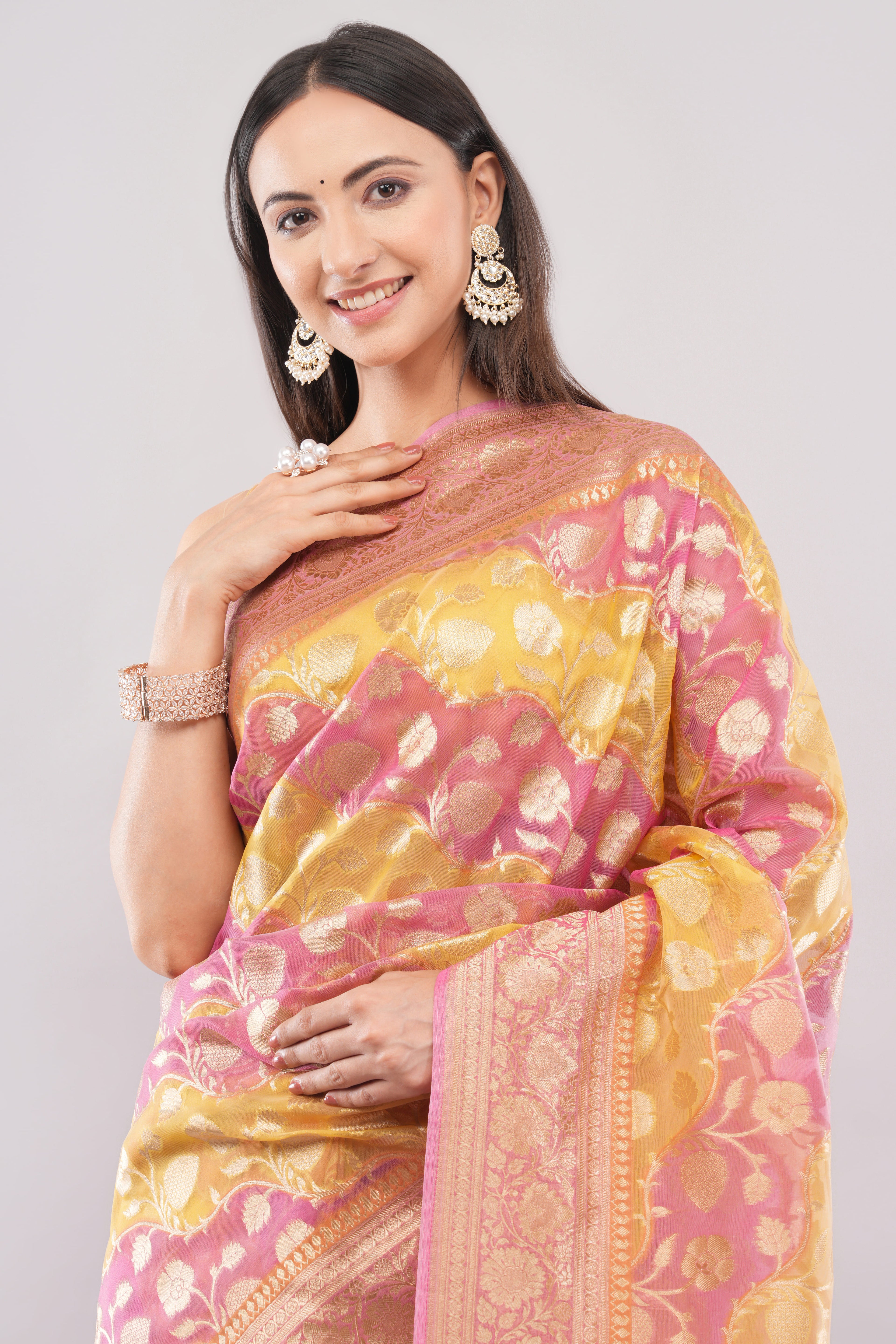 Tulip Handloom Pink & Yellow  Banarasi Organza Rangkaat Saree with Gold Zari Floral Butas