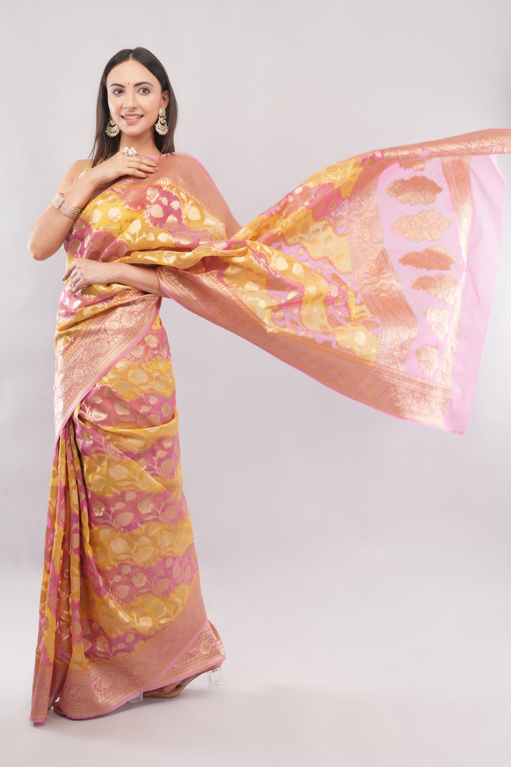 Tulip Handloom Pink & Yellow  Banarasi Organza Rangkaat Saree with Gold Zari Floral Butas