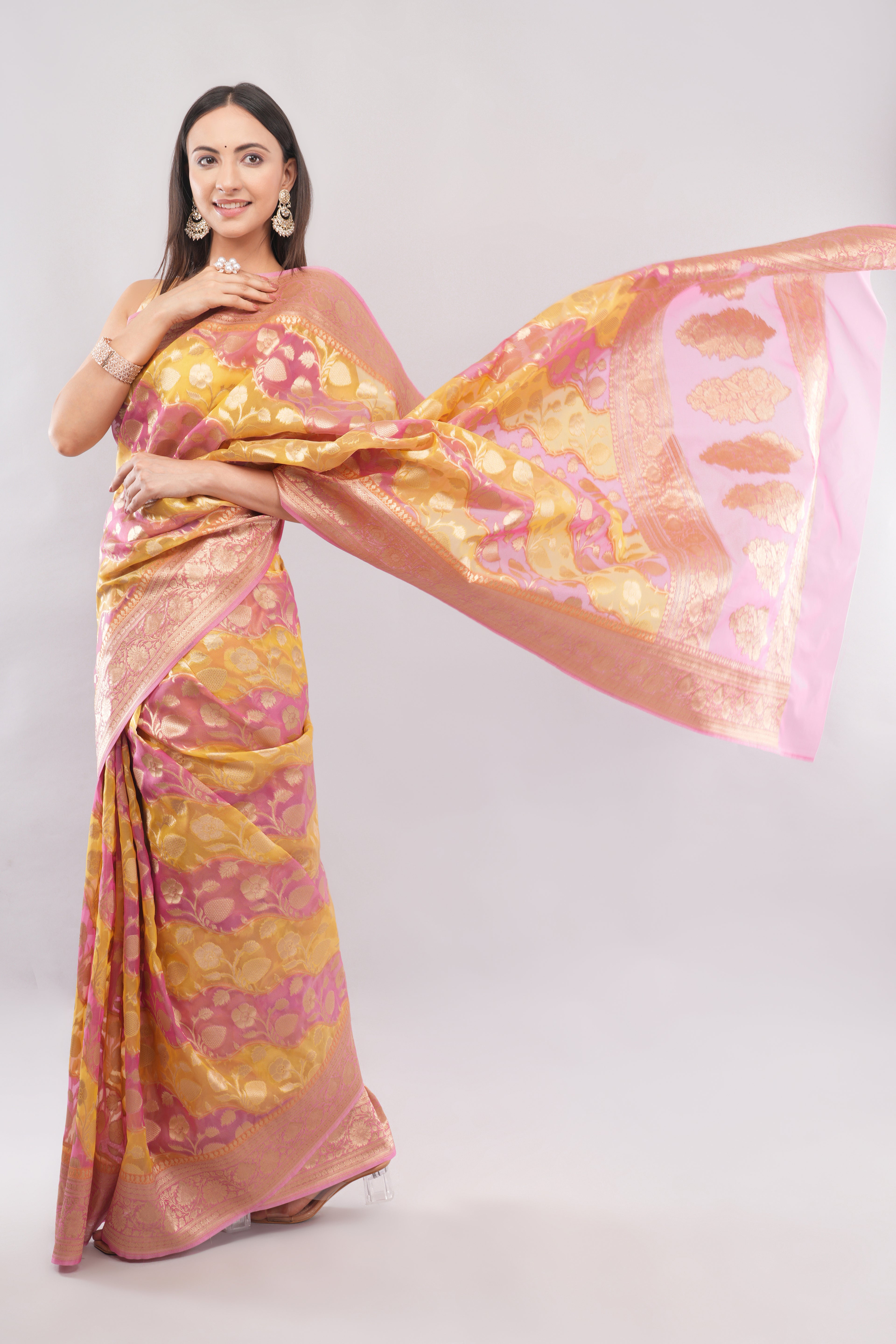 Tulip Handloom Pink & Yellow  Banarasi Organza Rangkaat Saree with Gold Zari Floral Butas