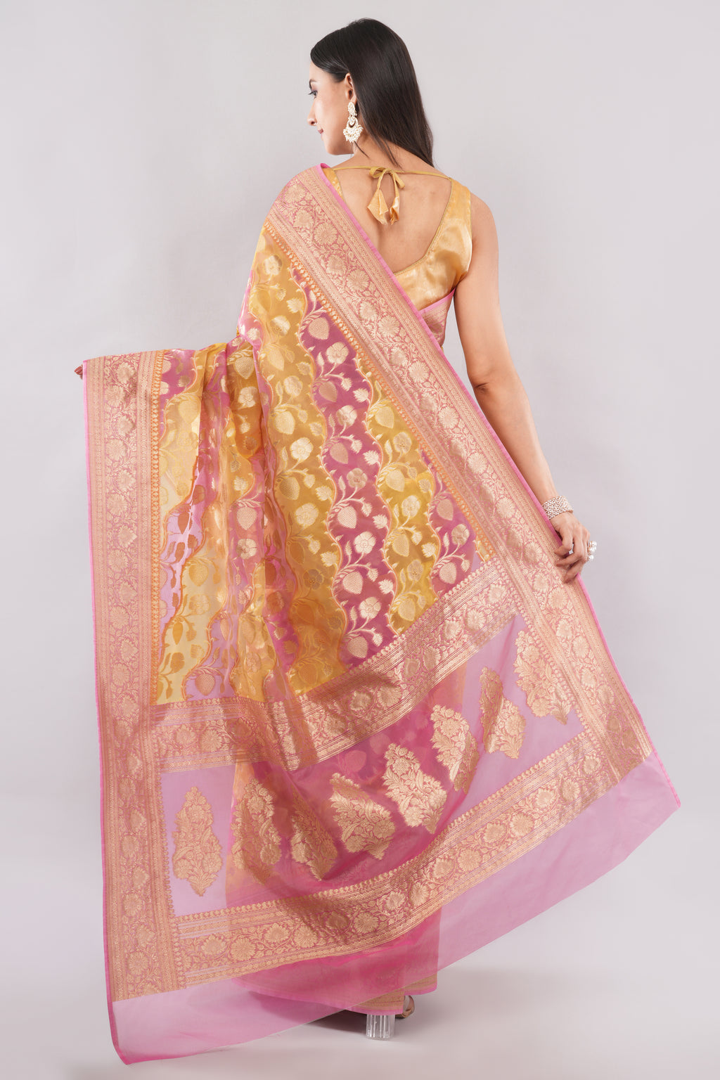 Tulip Handloom Pink & Yellow  Banarasi Organza Rangkaat Saree with Gold Zari Floral Butas