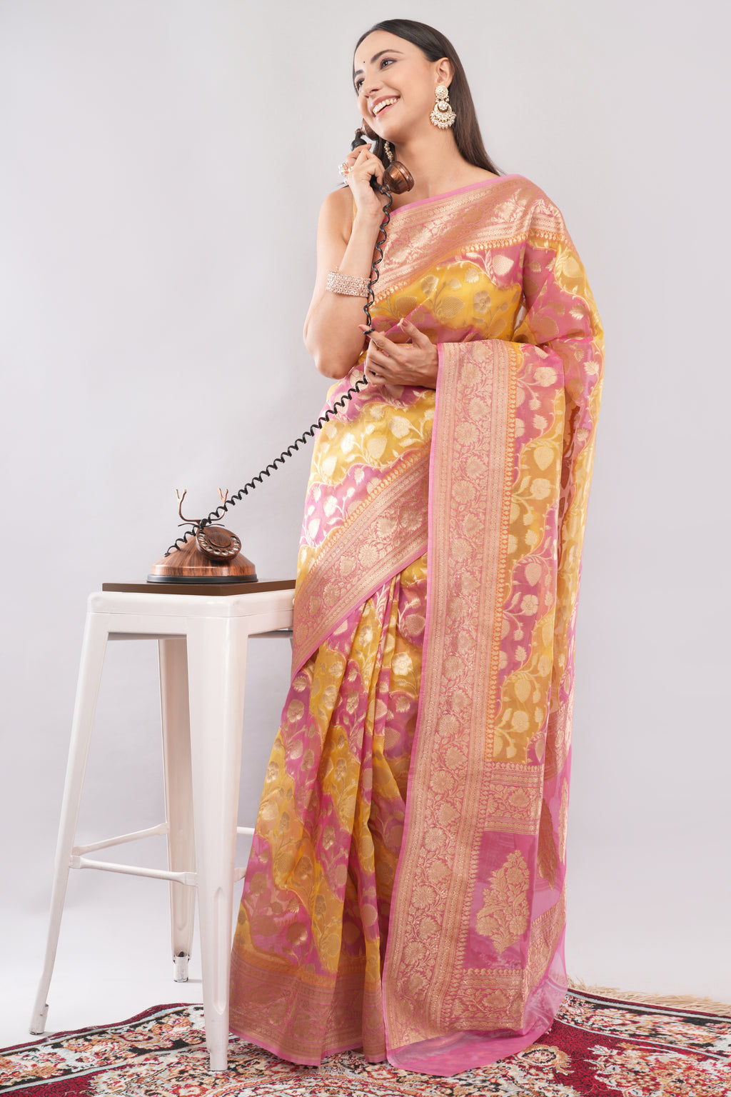 Tulip Handloom Pink & Yellow  Banarasi Organza Rangkaat Saree with Gold Zari Floral Butas