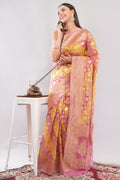 Tulip Handloom Pink & Yellow  Banarasi Organza Rangkaat Saree with Gold Zari Floral Butas
