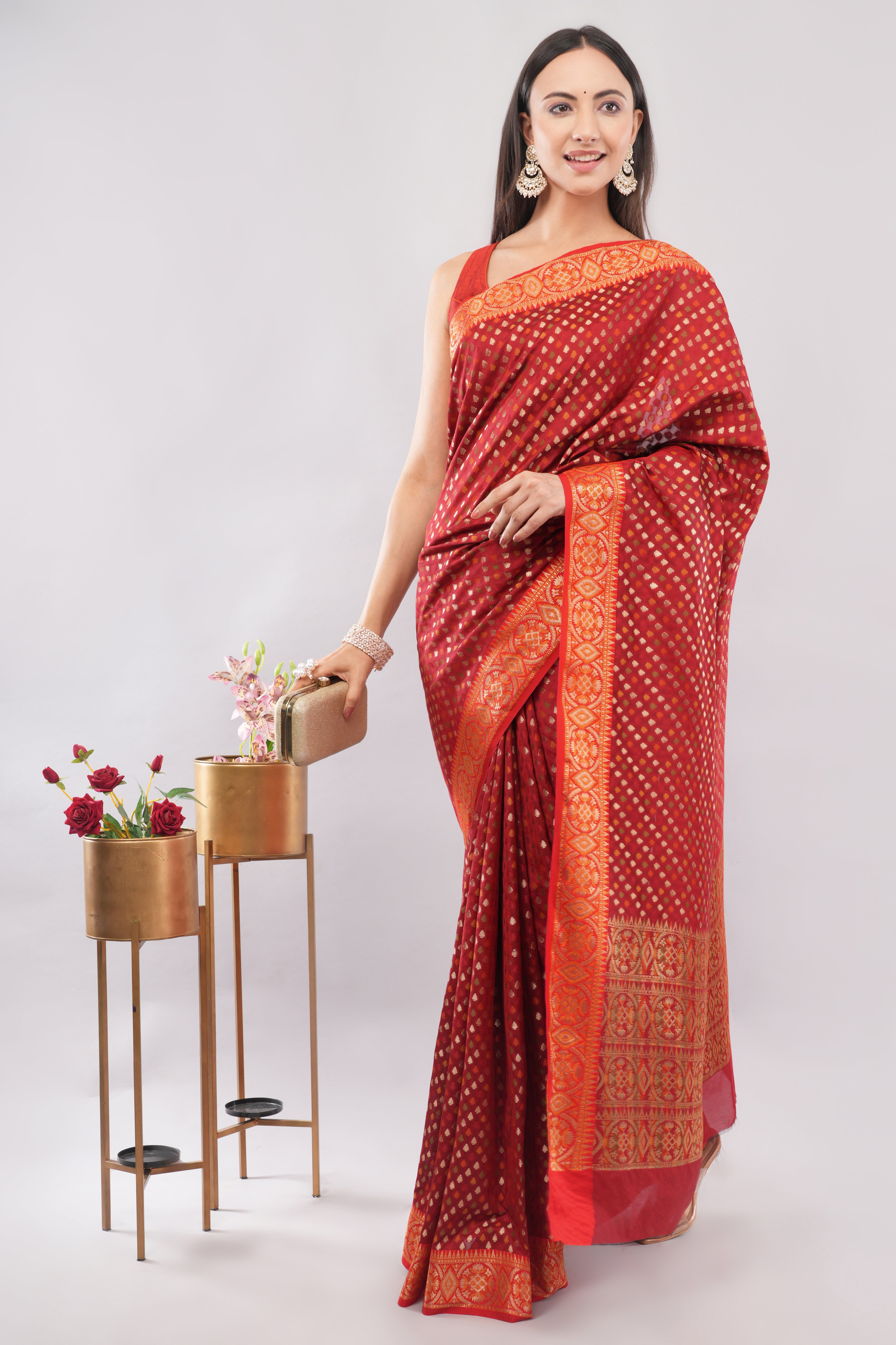 Traditional Red Zari Woven Saree for Weddings & Festivals | Tulip Handloom