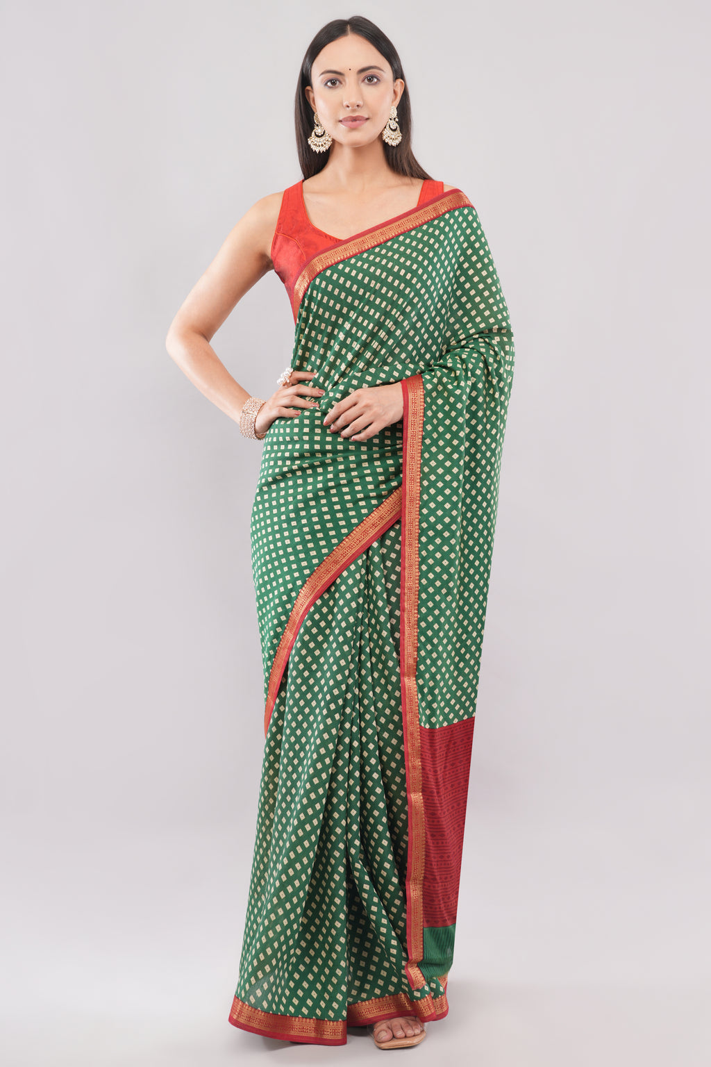 Classic Bottle Green Bandhani Inspired Saree with Contrast Red Border | Tulip Handloom