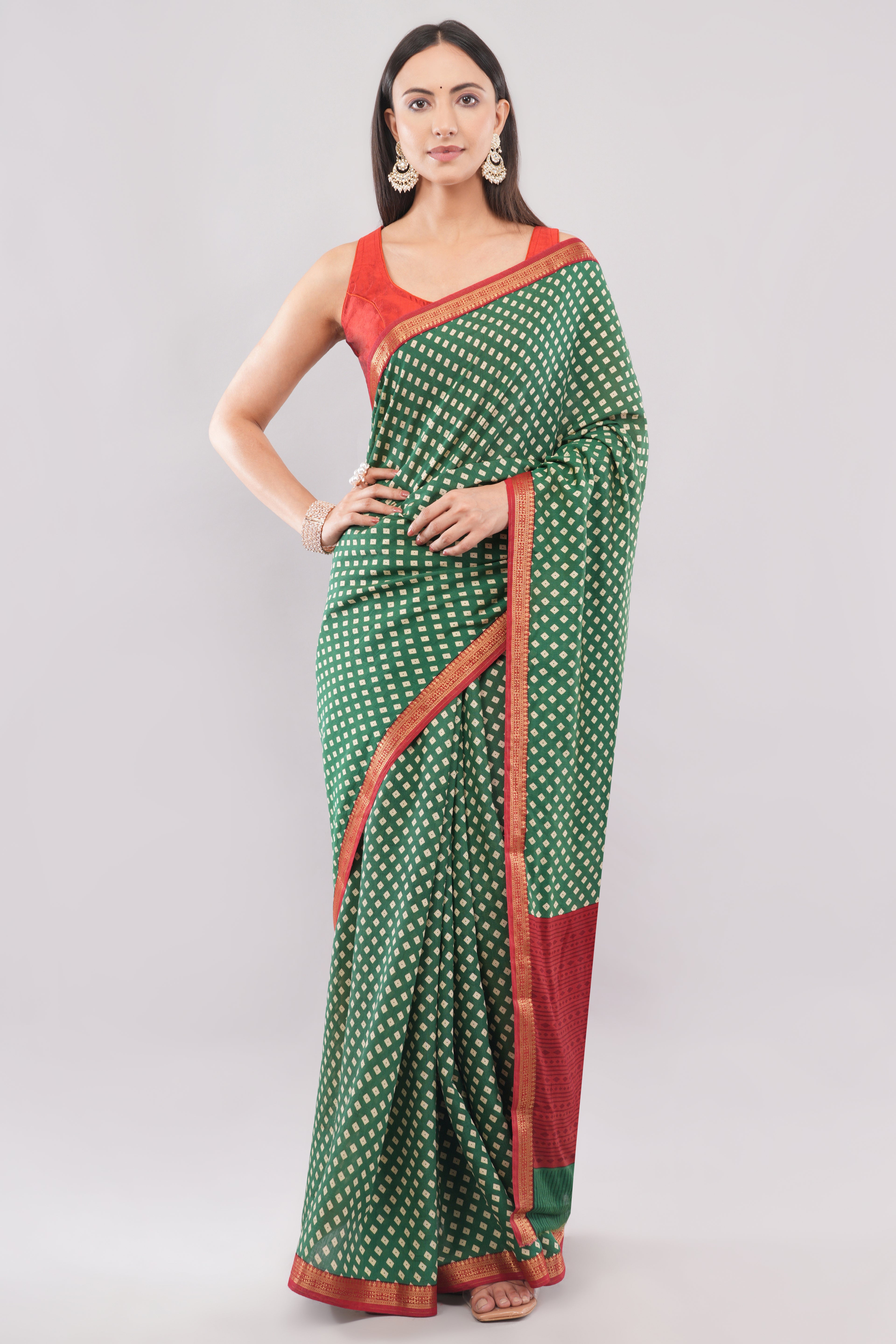 Classic Bottle Green Bandhani Inspired Saree with Contrast Red Border | Tulip Handloom